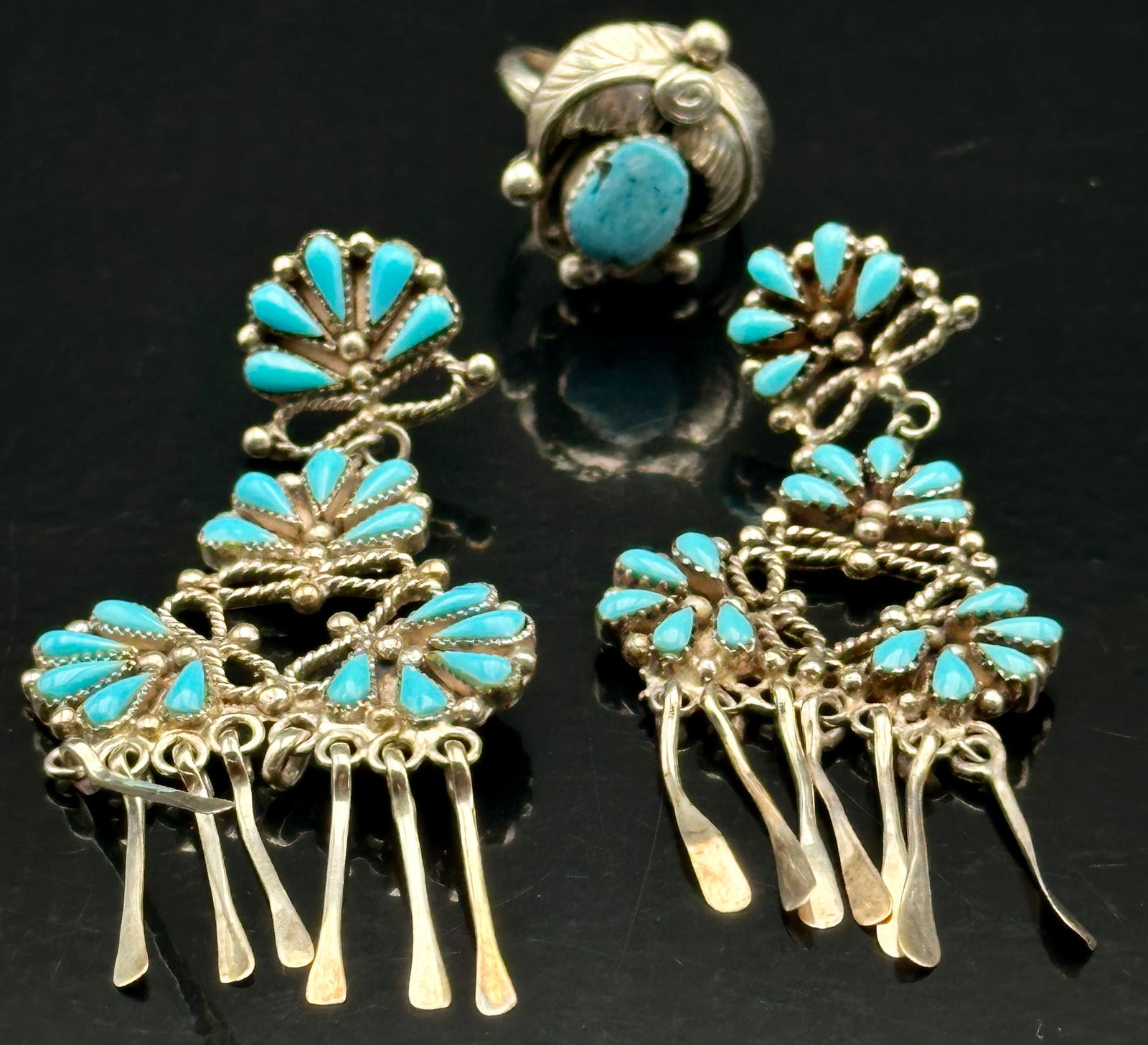 Sterling Silver Turquoise Cluster Earrings & Ring Lot – 29g – Signed & Marked Sterling (1 of 11)