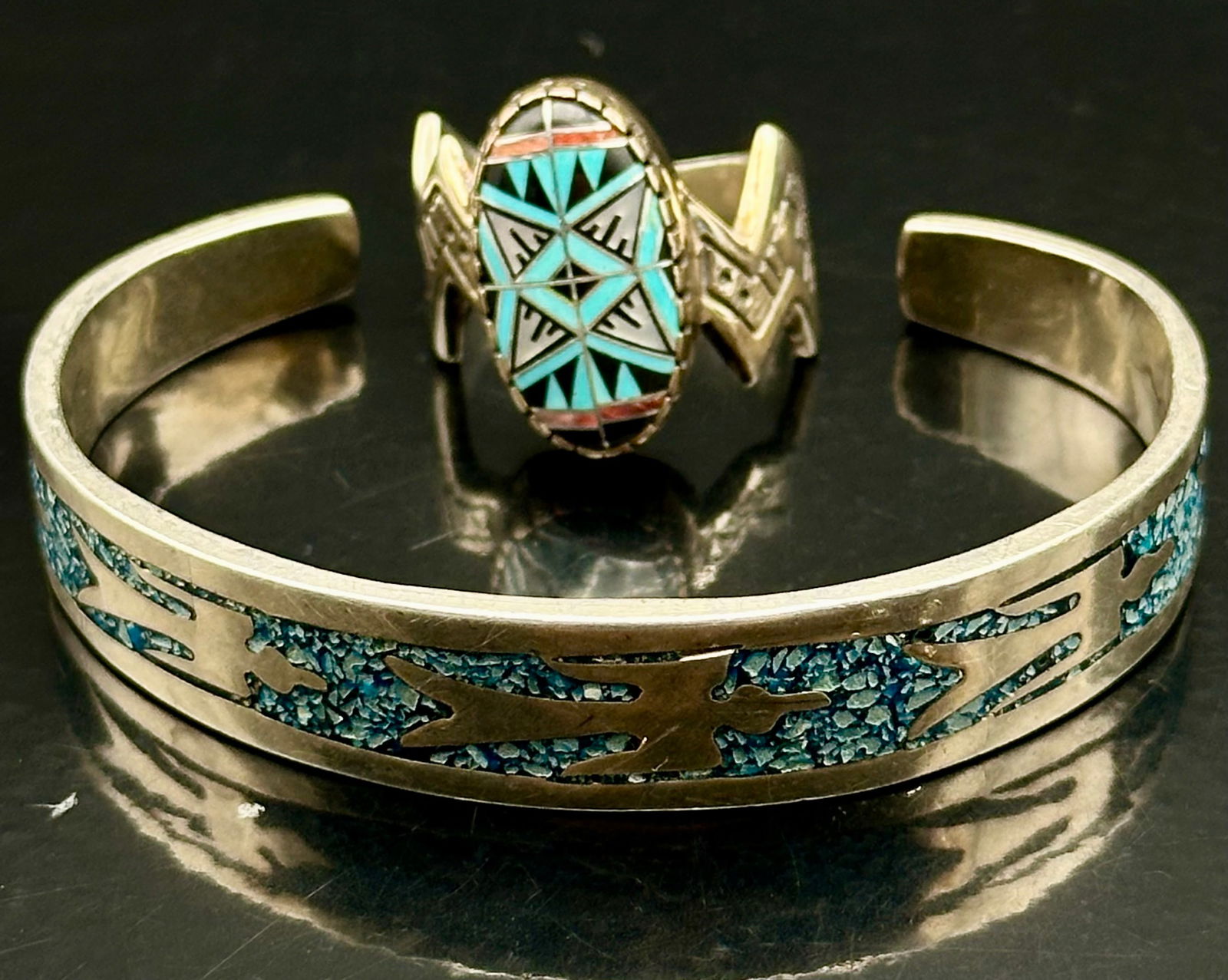 Mexico Sterling Silver Inlay Bracelet & Ring Set – 31g – Marked 925 / Signed (1 of 14)