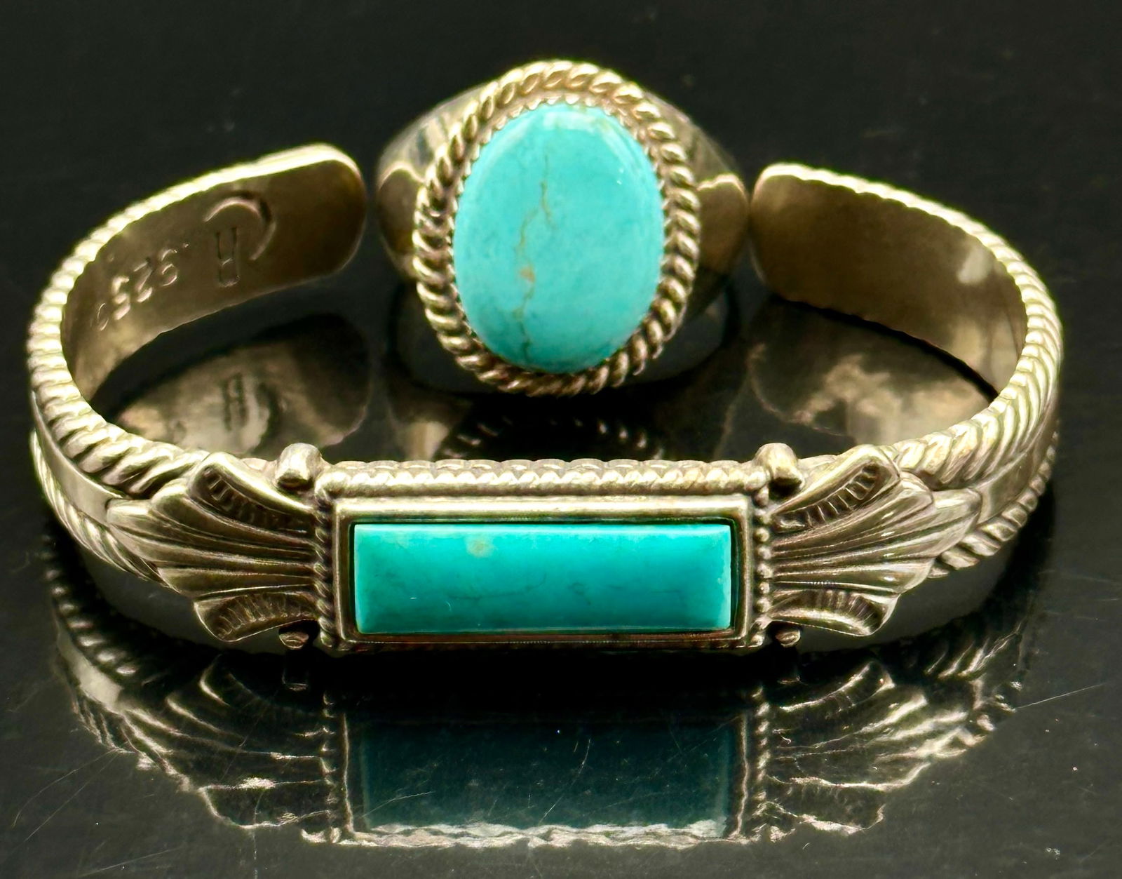 Sterling Silver Turquoise Bracelet & Ring Set – 49g – Marked .925 / Signed (1 of 14)