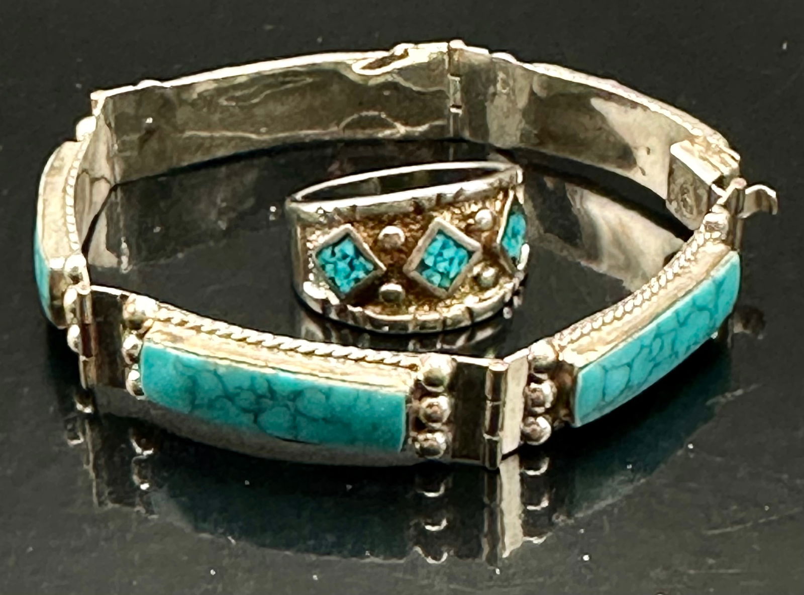 Sterling Silver Turquoise Link Bracelet & Inlay Ring Lot – 17g – Marked / Signed (1 of 10)