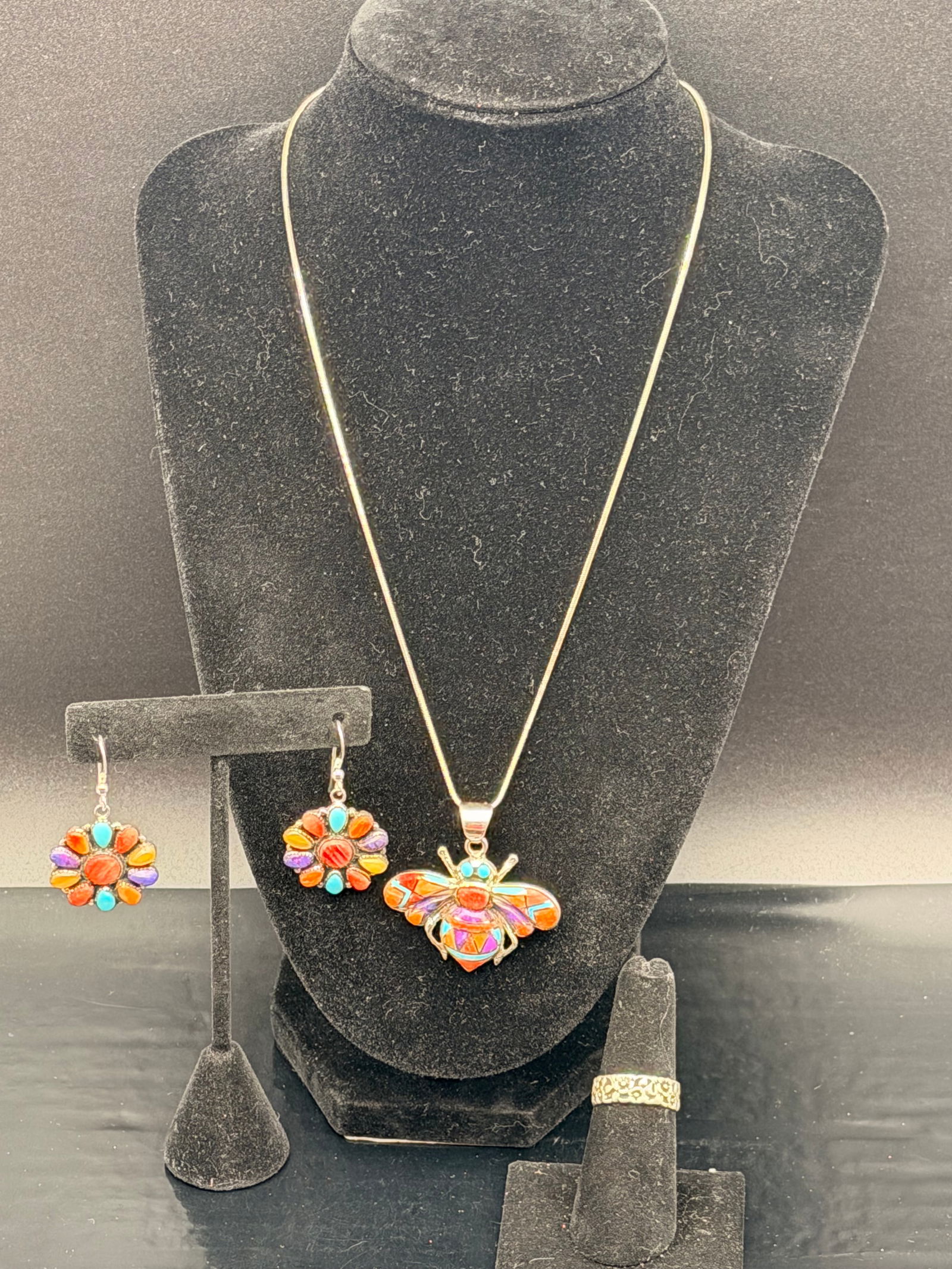 Sterling Silver Multi-Stone Jewelry Set – Earrings, Pendant Necklace & Ring (24g) (1 of 11)