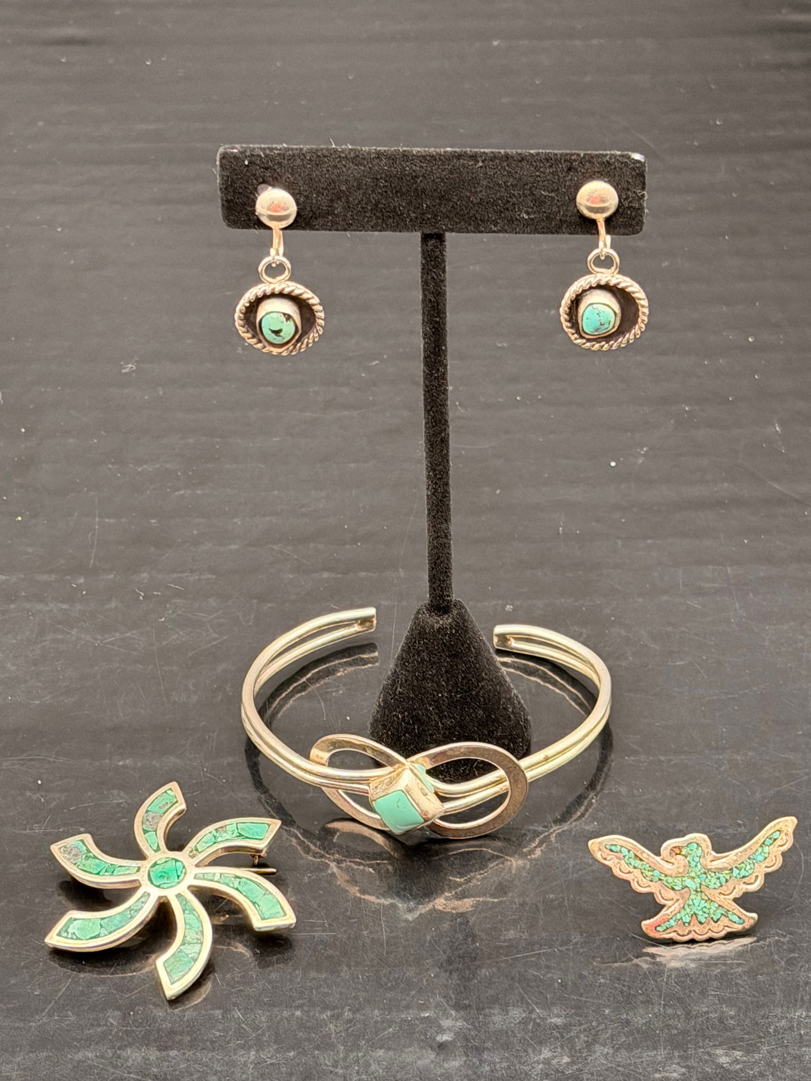 Sterling Silver Jewelry Lot – Mexico 925 Brooch, Turquoise Earrings, Bracelet & Ring (33g) (1 of 12)