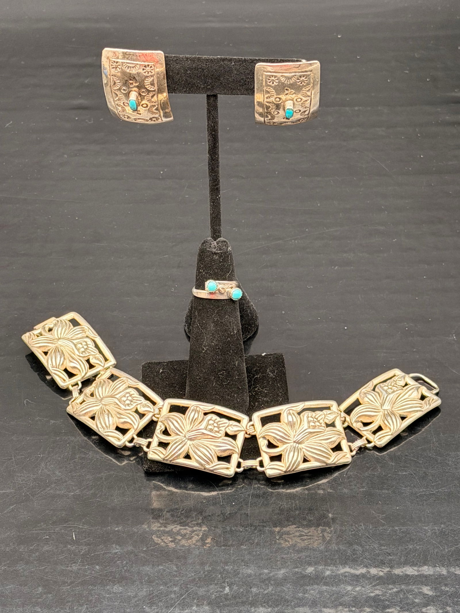 Vintage Sterling Silver Floral Bracelet, Earrings & Turquoise Ring Set – 53g (1 of 9)