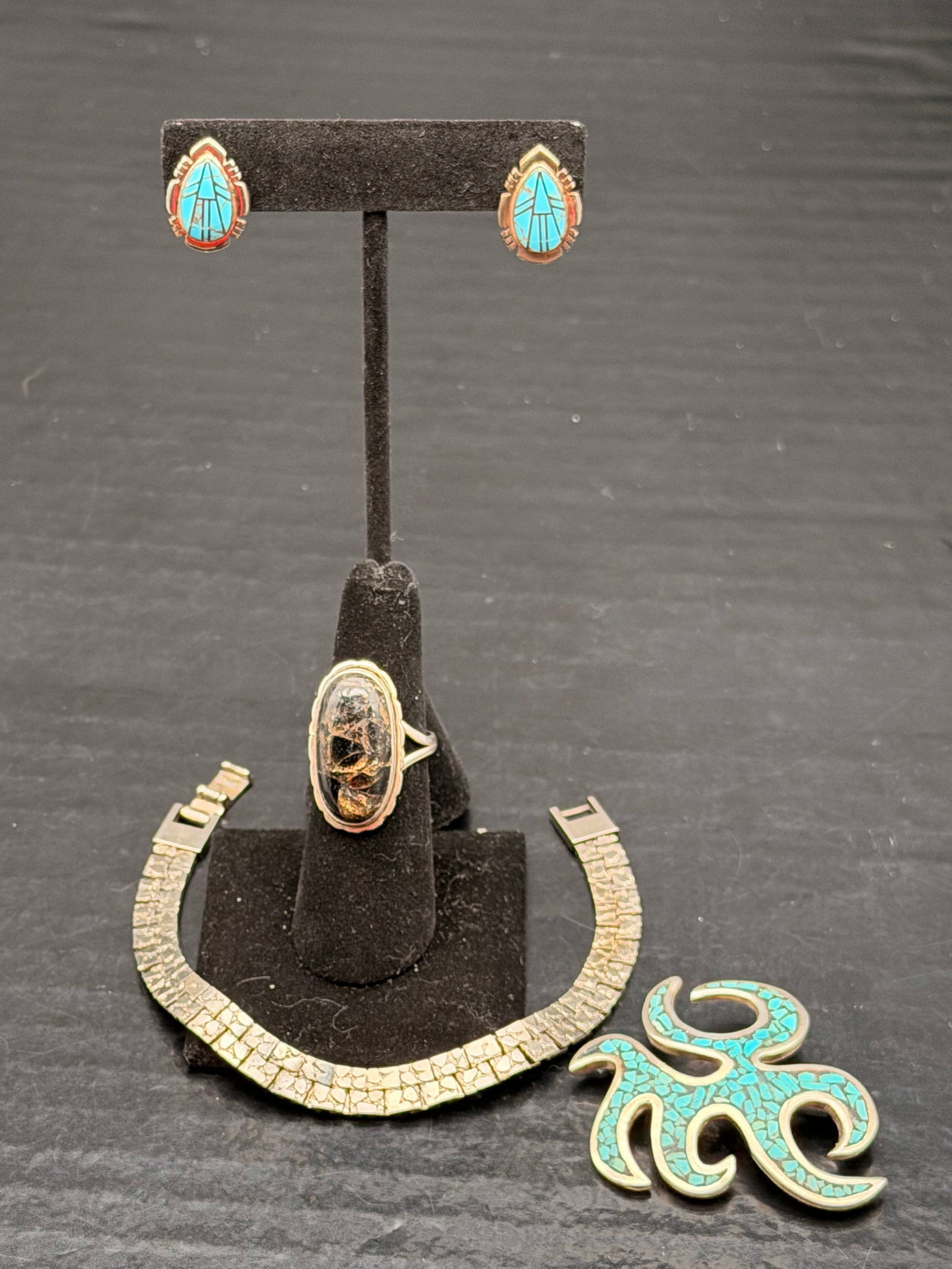 Vintage Sterling Silver Turquoise Inlay Jewelry Lot – Earrings, Ring, Bracelet & Brooch – 44g (1 of 11)