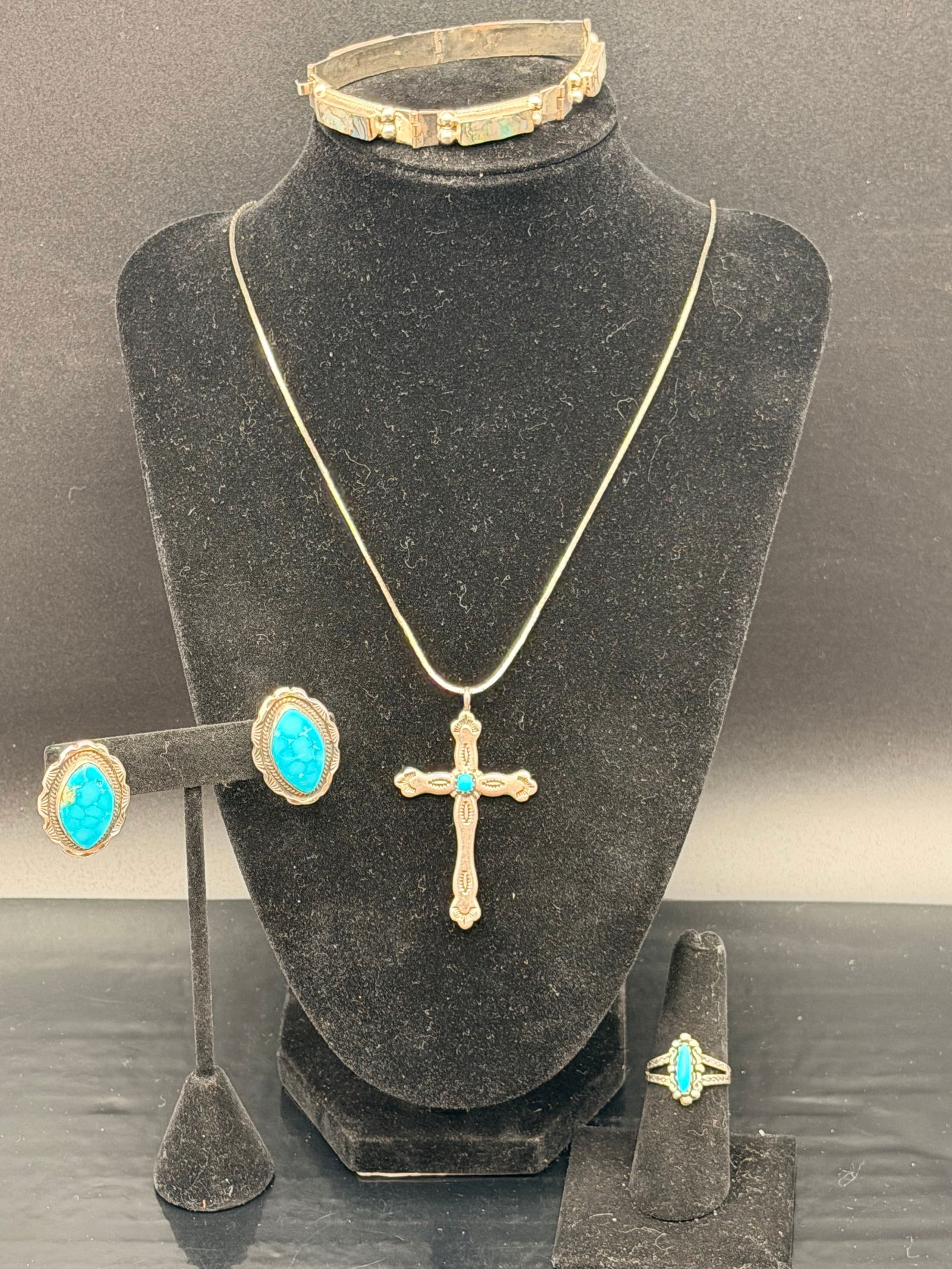 Navajo Sterling Silver Turquoise Set – Bracelet, Necklace, Earrings & Ring (33g) (1 of 14)