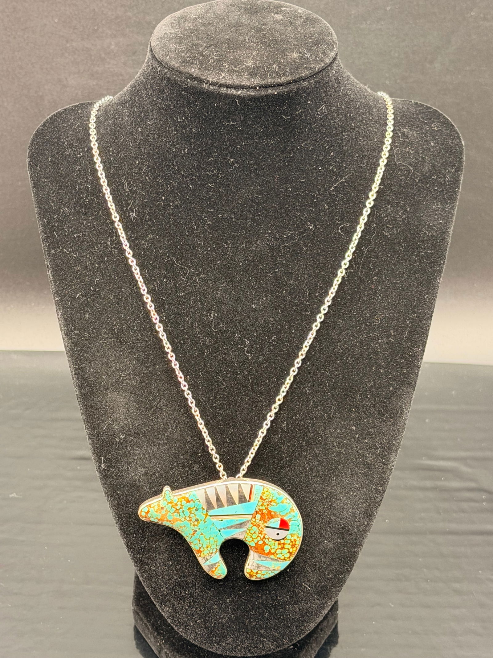 Sterling Silver Navajo-Style Inlay Bear Pendant Necklace – 30g (1 of 6)