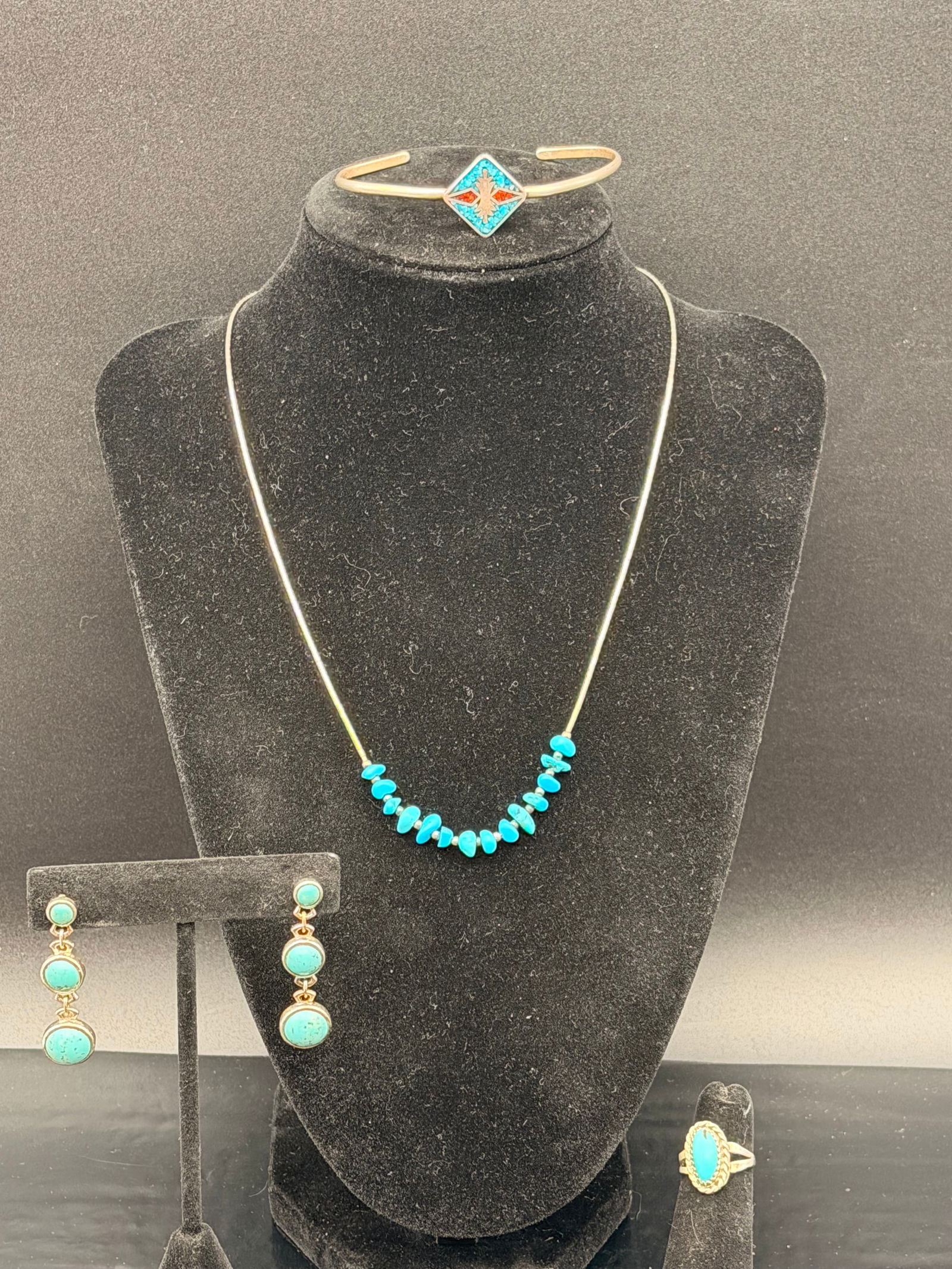 Southwestern Turquoise Sterling Silver Jewelry Lot – Bracelet, Necklace, Earrings & Ring (20g) (1 of 11)
