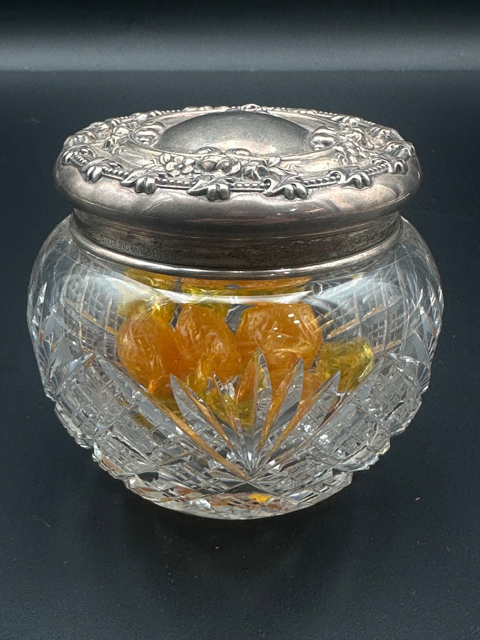 Antique Cut Crystal Vanity Jar w/ Sterling Silver Repoussé Floral Lid c.1900 (1 of 7)