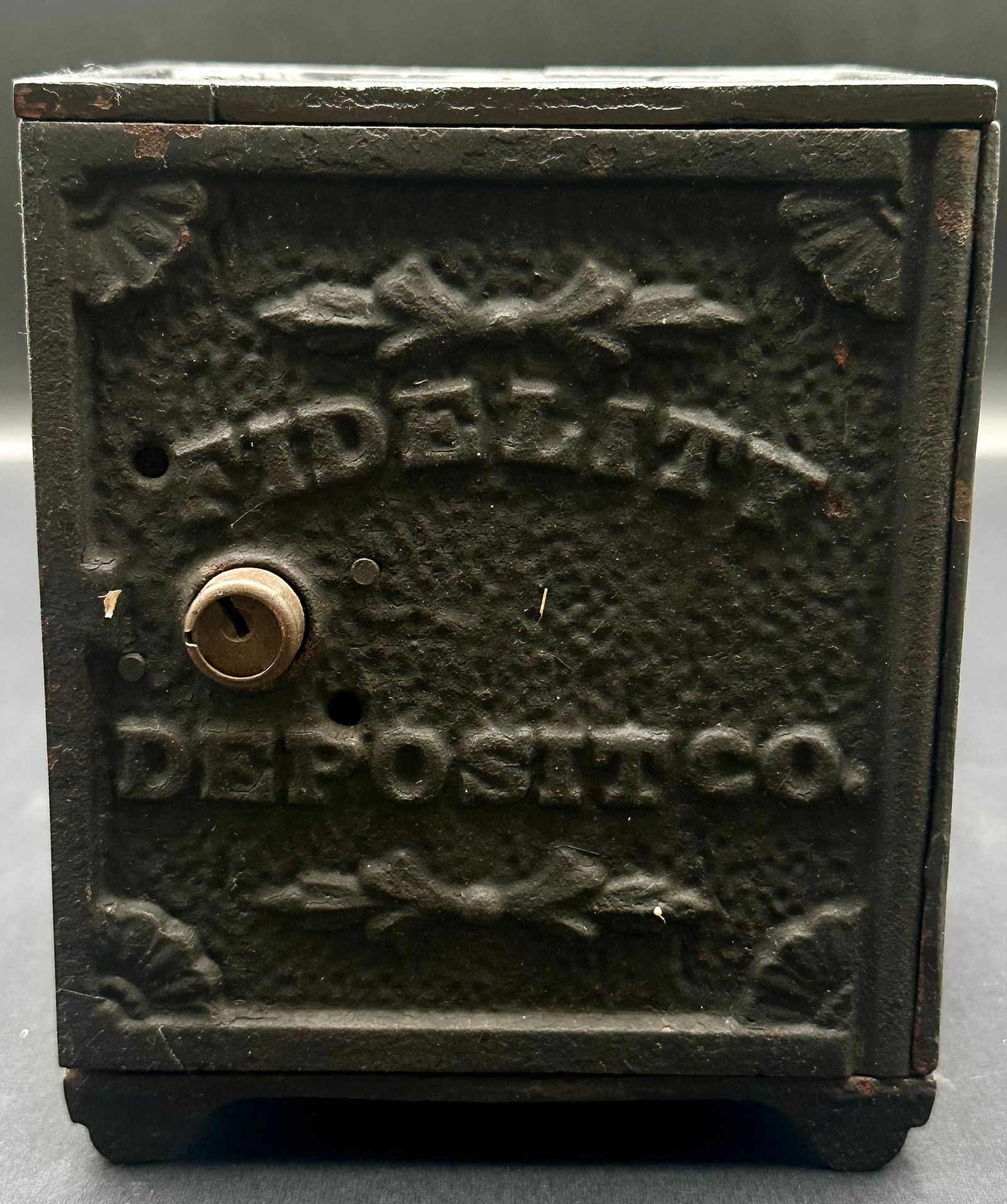 Antique Cast Iron Deposit Box / Savings Bank – Coin Slot Top (1 of 13)