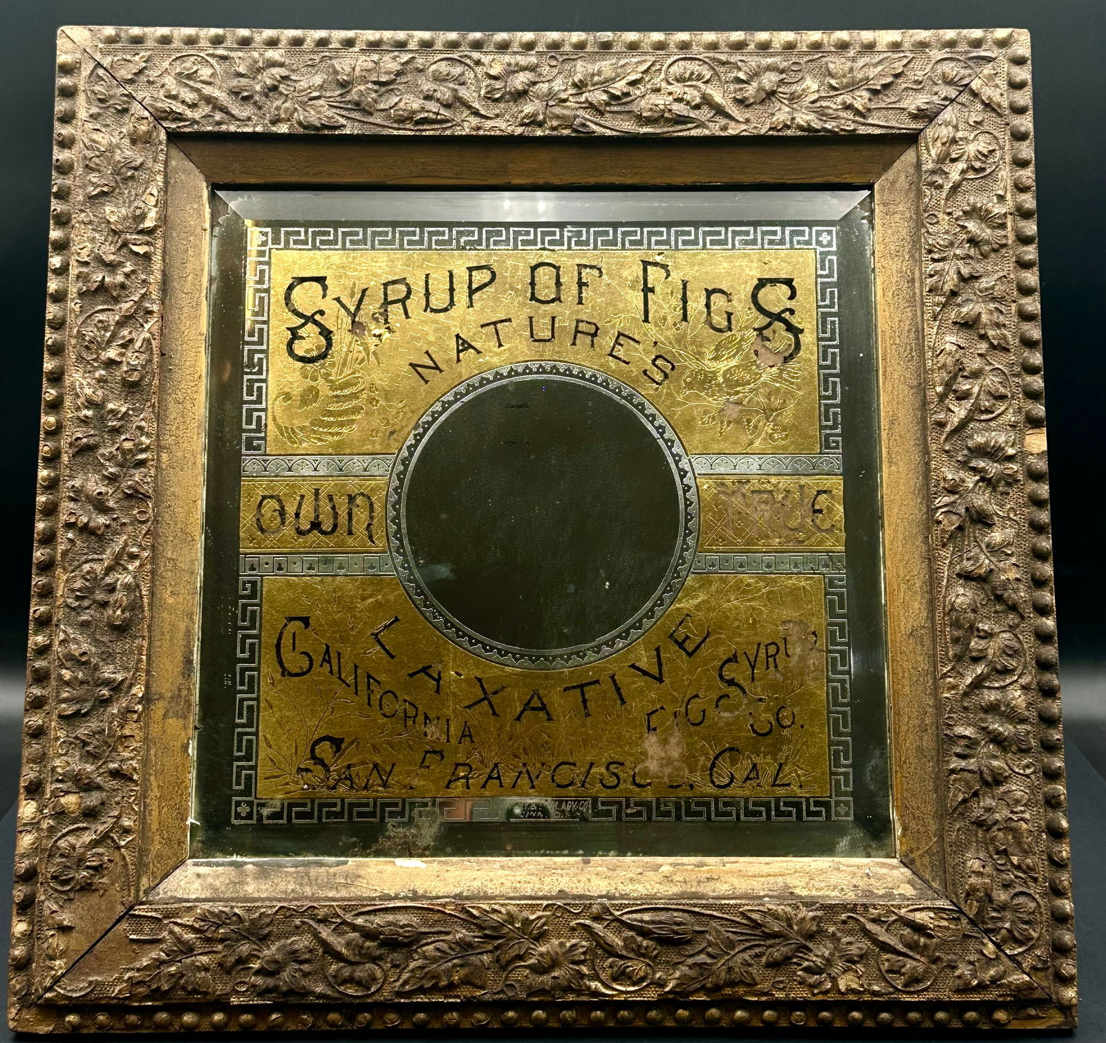 Antique Victorian Syrup of Figs Apothecary Advertising Glass, California Fig Syrup Co.,: An authentic late-19th to early-20th century American apothecary advertising glass promoting Syrup of Figs by the California Fig Syrup Co., San Francisco.This striking piece features reverse-painted g