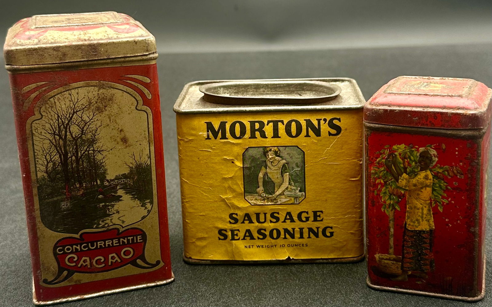 Antique Advertising Tin Lot (3) – Morton’s Sausage Seasoning & European Cacao Tins c.1900 (1 of 9)
