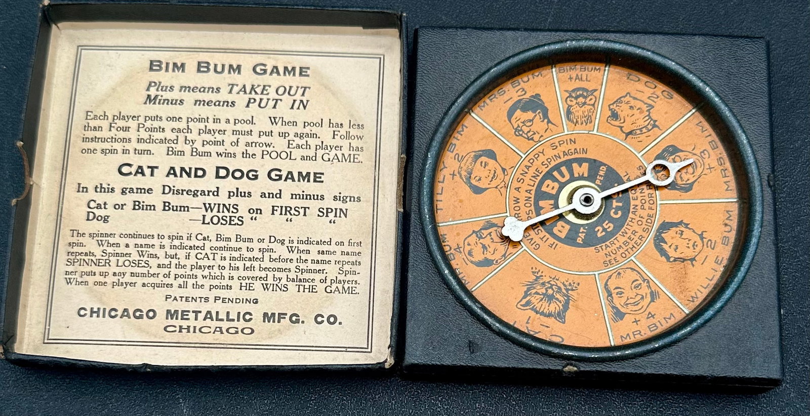 Antique BIM BUM Game – Chicago Metallic Mfg. Co. – Spinner Game w/ Box c.1920s: Antique “Bim Bum” spinner game manufactured by Chicago Metallic Mfg. Co., Chicago. Early 20th-century tabletop/pocket game featuring a printed spinner dial and original instruction box. Comple