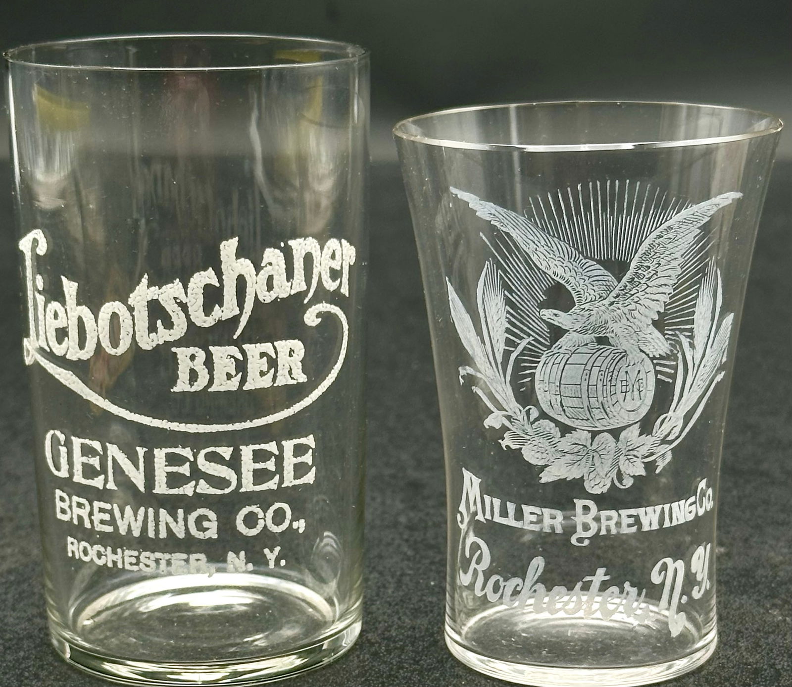 Pair of Antique Rochester NY Etched Beer Glasses – Genesee Liebotschaner & Miller Brewing Co.: Offered is an early pair of antique brewery advertising glasses from Rochester, New York, dating to the late 19th / early 20th century