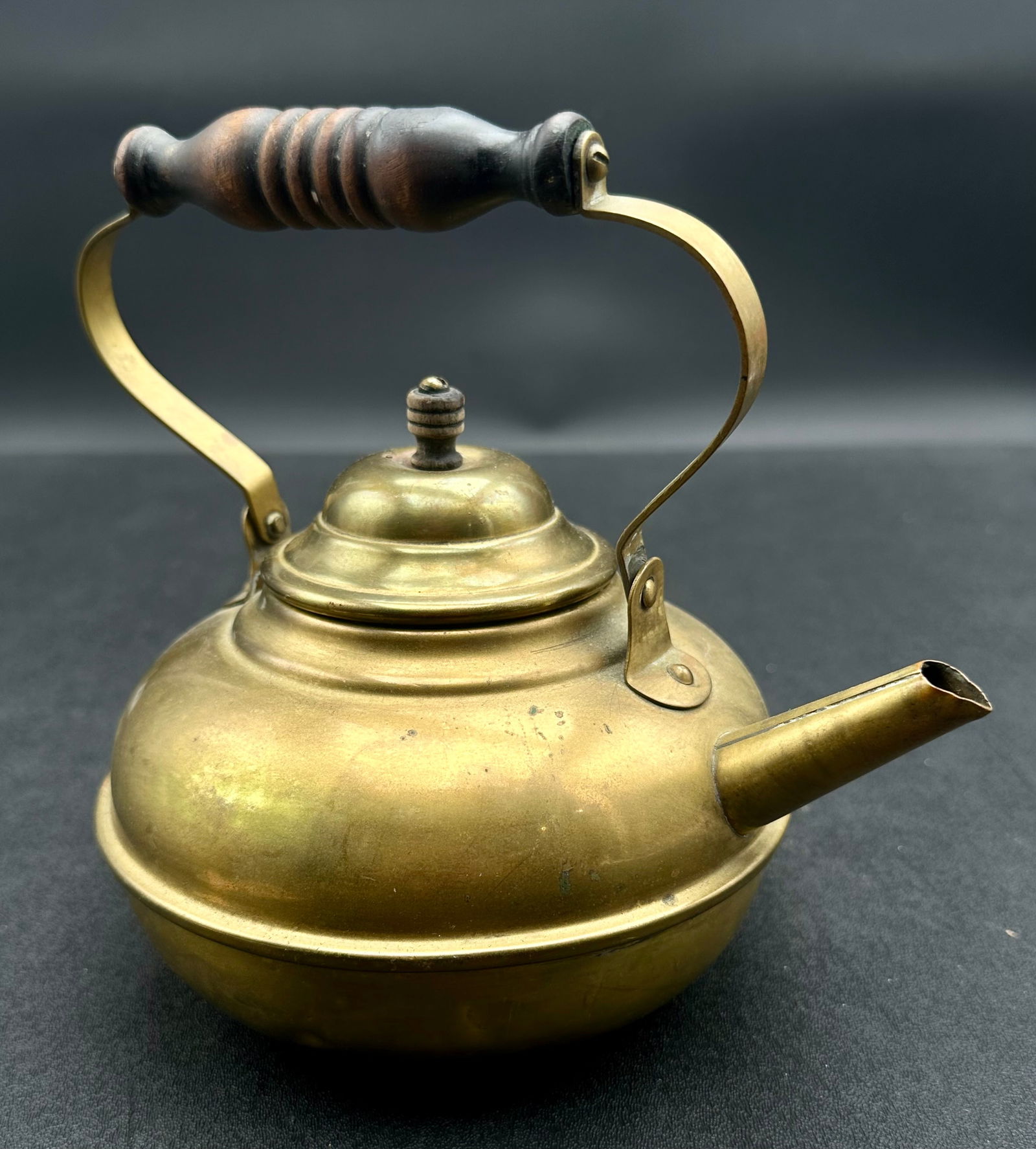 Antique Brass Teakettle with Wooden Handle, Early 20th Century (1 of 10)