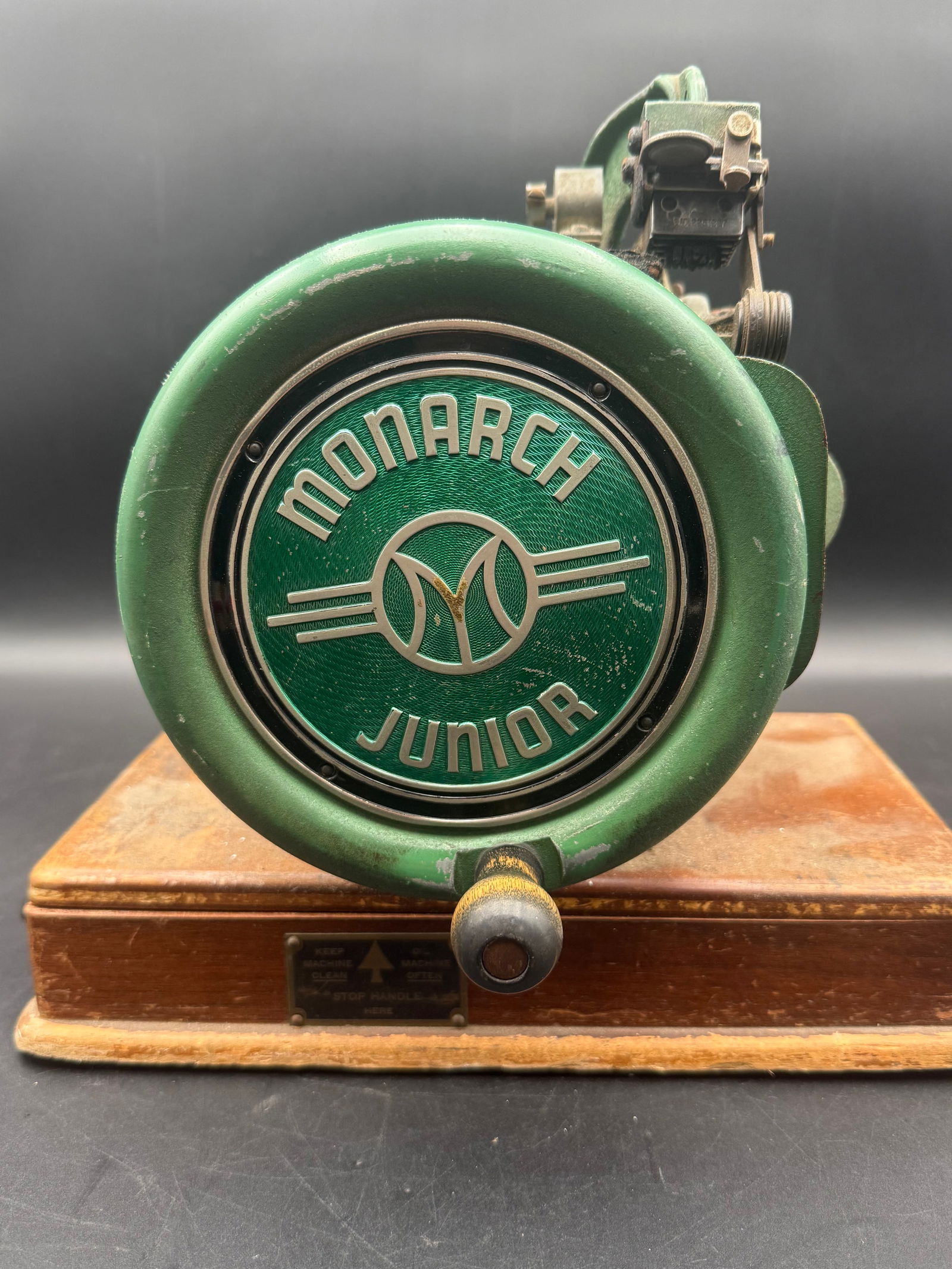 Vintage Monarch Junior marking machine: vintage Monarch Junior marking machine used to print price tags or labels. It was made by the Monarch Marking System Company, originally in Dayton, Ohio. The machine functions like an old-fashioned pr