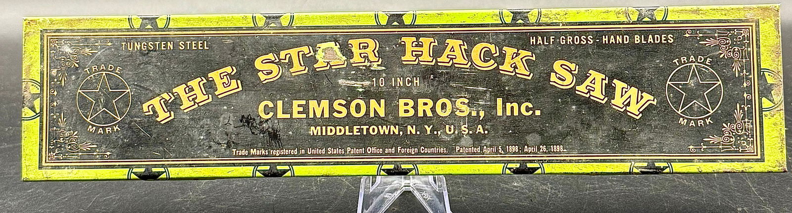 1940s Vintage Clemson Bros Inc The Star Hack Saw Tungsten Steel Tin Box (1 of 6)