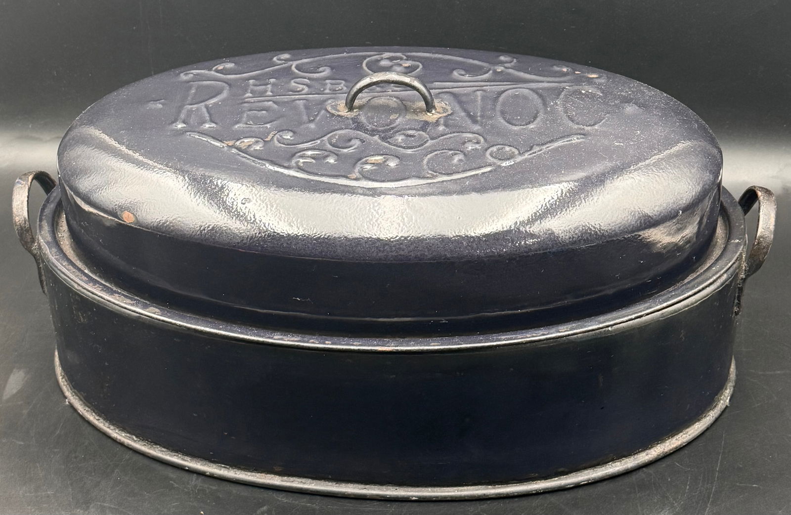 Vintage dark blue HSB & Co. Revonoc enamel roaster (1 of 7)