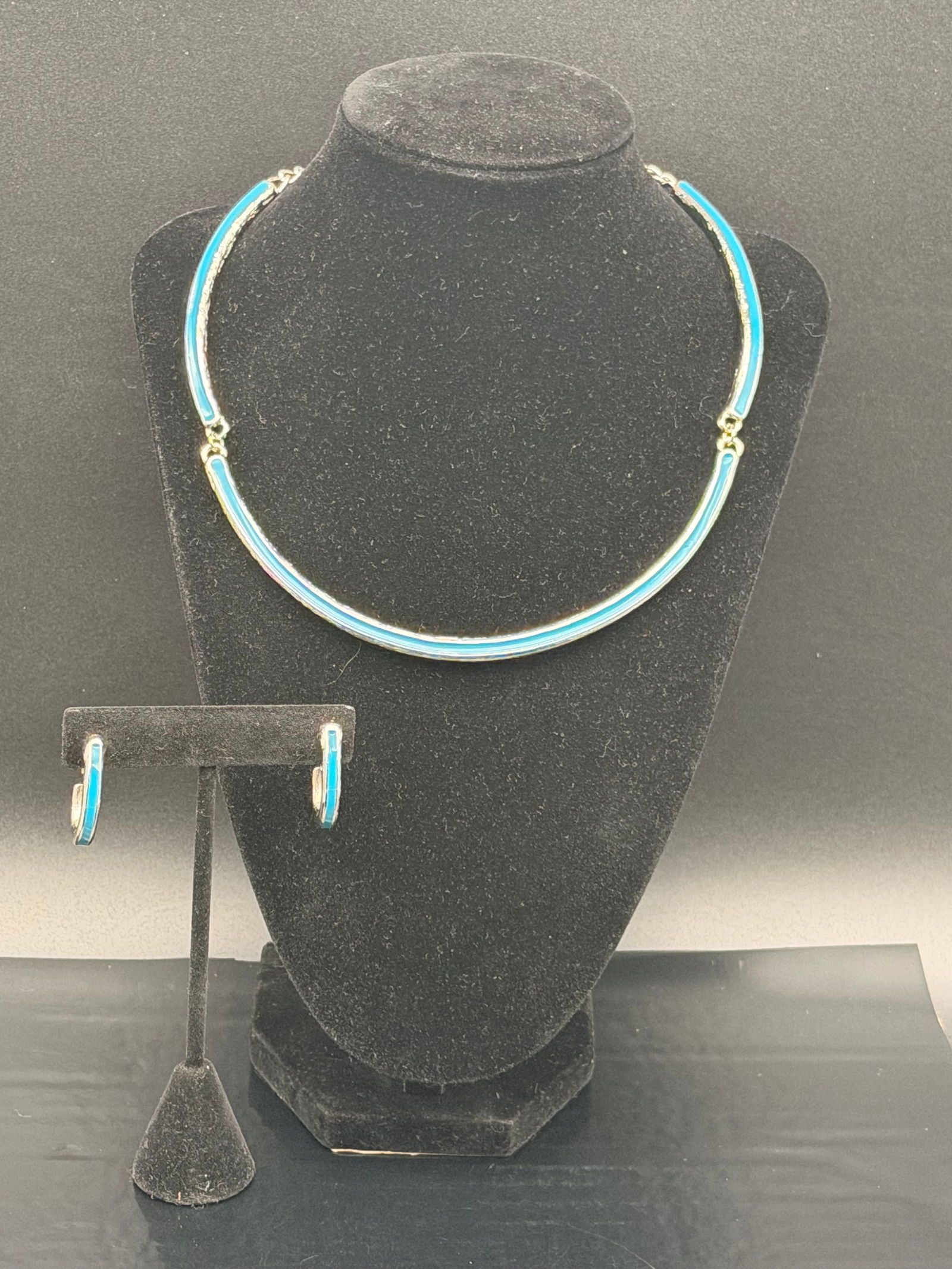 Vintage Silver & Turquoise-Enamel Necklace + Earrings Set (59g) (1 of 8)