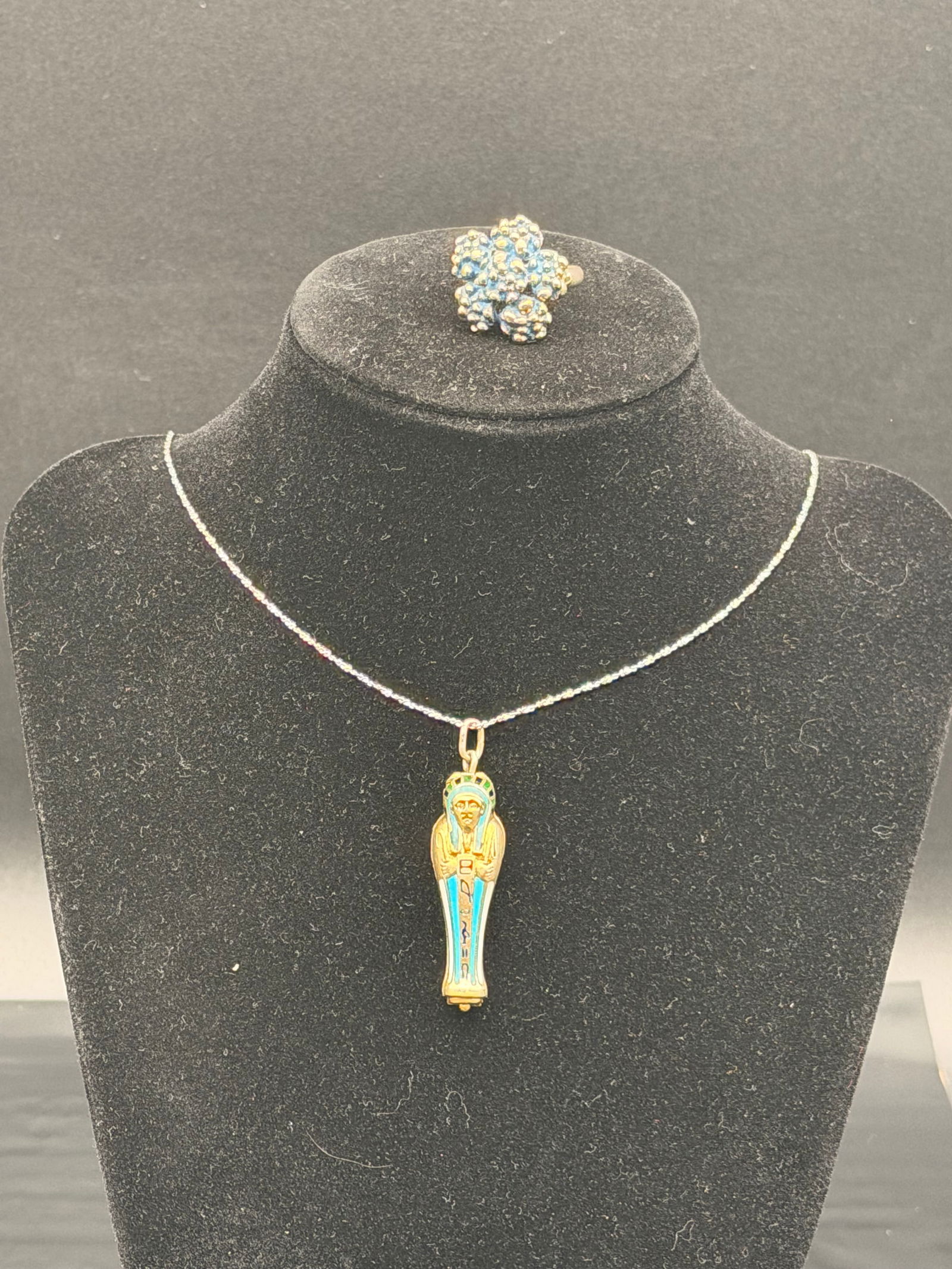 Vintage Egyptian Revival Pendant Necklace + Blue Rhinestone Statement Ring (17g) (1 of 7)