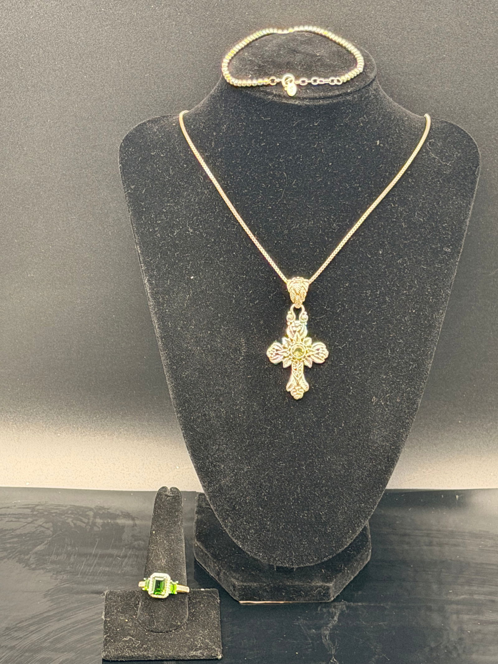 Sterling Silver Jewelry Lot – Sarda Cross Pendant, Beaded Bracelet & Green CZ Ring (22g) (1 of 11)