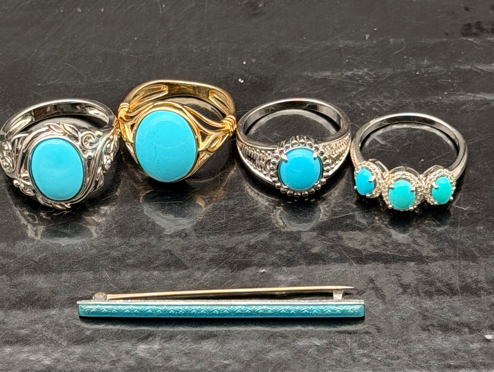 Turquoise Sterling Silver & Gold-Tone Ring & Brooch Lot – 5 Pieces (23g) (1 of 16)