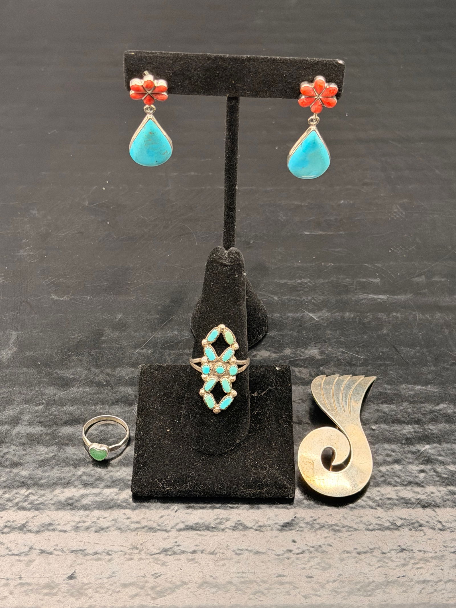 Southwestern Sterling Silver Jewelry Lot – Turquoise Earrings, Turquoise Cluster Ring, Green Stone (1 of 12)