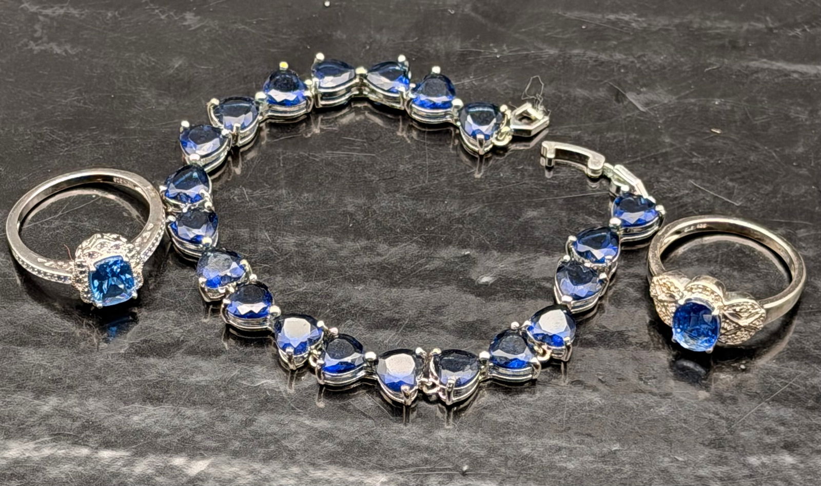 Sterling Silver 925 Blue Gemstone Jewelry Lot – Bracelet & Two Rings (20g) (1 of 13)