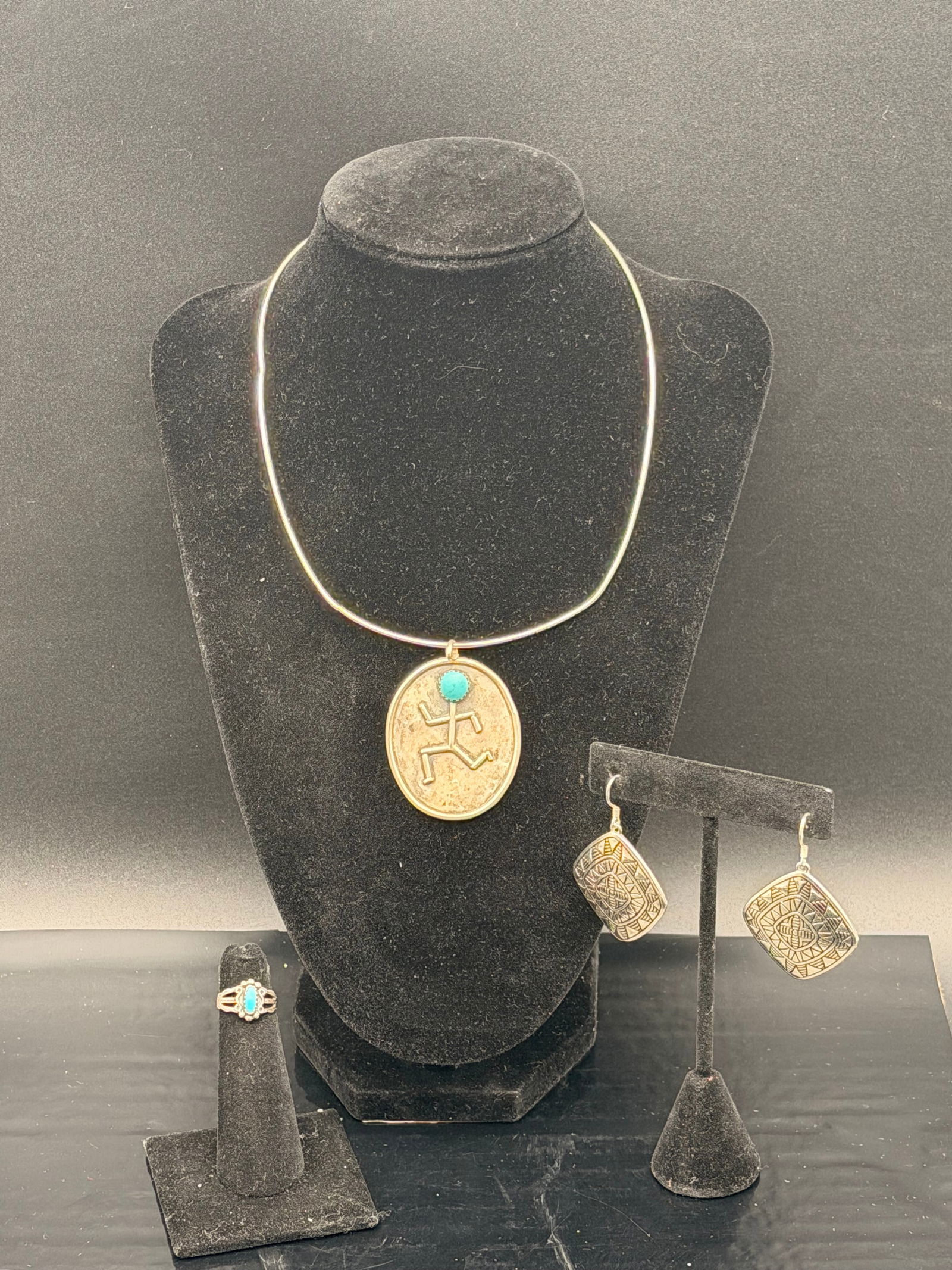 Navajo Sterling Silver Jewelry Lot – Pendant Necklace, Turquoise Ring & Etched Earrings (1 of 12)