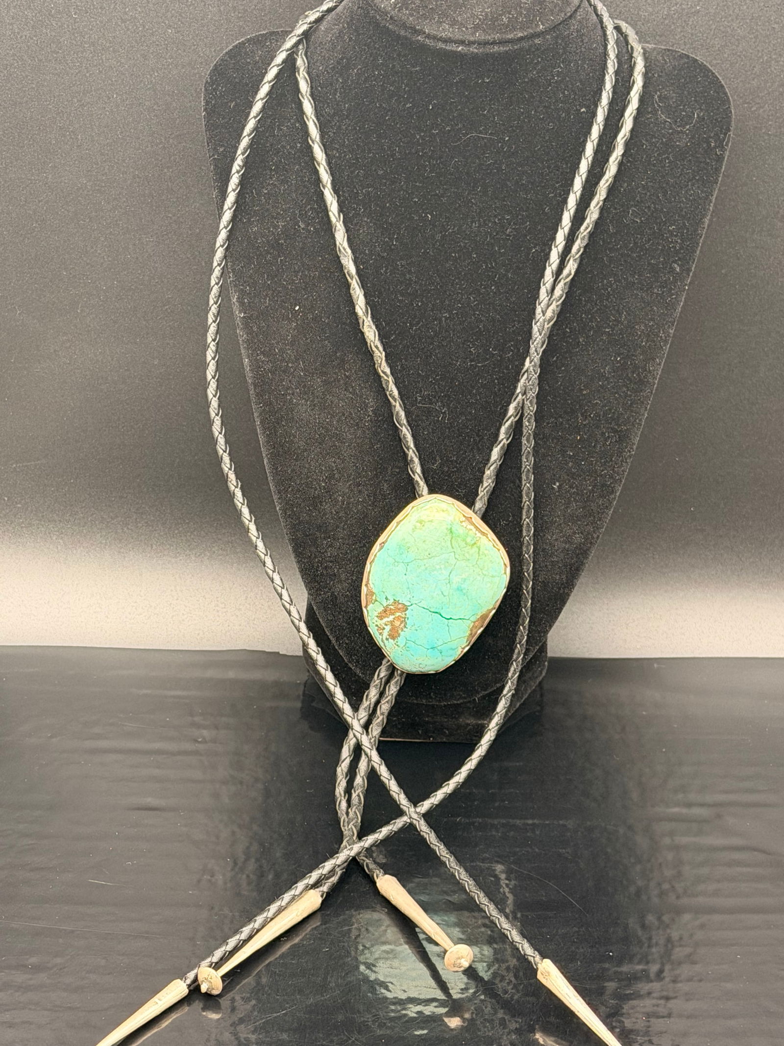 Vintage Bennett Turquoise Bolo Tie – Large Natural Stone, Leather Cord, Western Navajo Style (1 of 7)