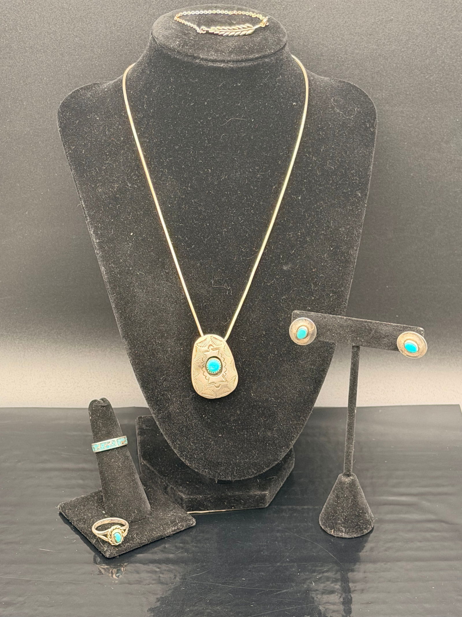 Vintage Sterling Silver Turquoise Jewelry Set – Necklace, Earrings, Rings & Bracelet – 23g (1 of 14)