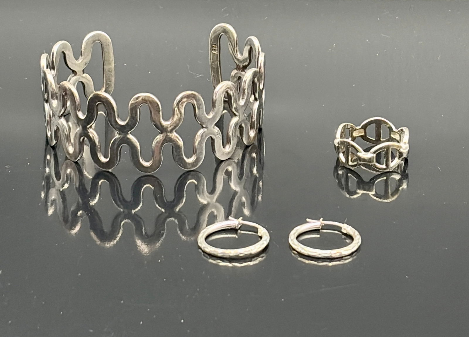 Sterling Wavy Cuff, Ring & Hoop Earrings Lot (1 of 10)