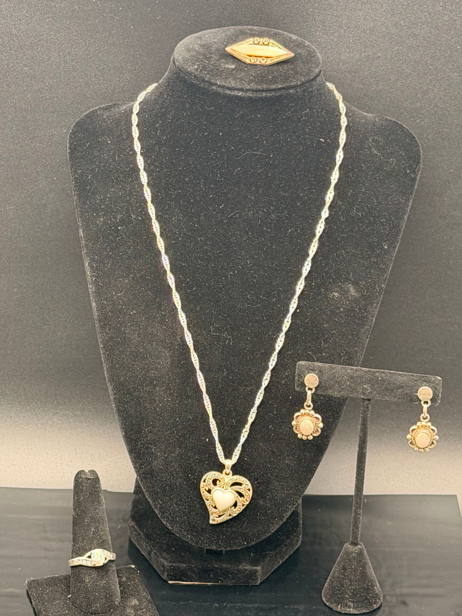 Sterling Silver Heart Pendant Set with Opal-Style Earrings & Ring – 21g (1 of 11)