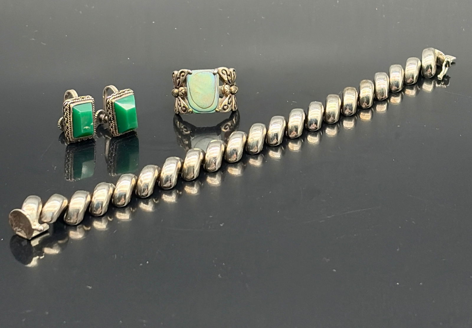 Sterling Bracelet, Ring & Green Earrings Lot (1 of 10)