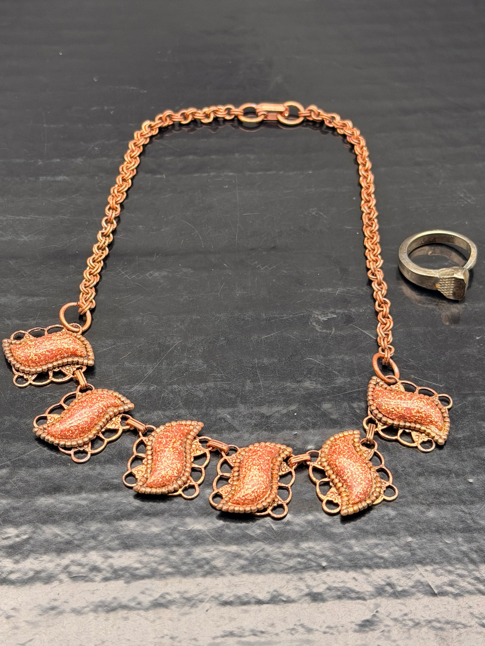 Vintage Copper Necklace & Ring Set – Textured Art Deco Style – 29g (1 of 7)