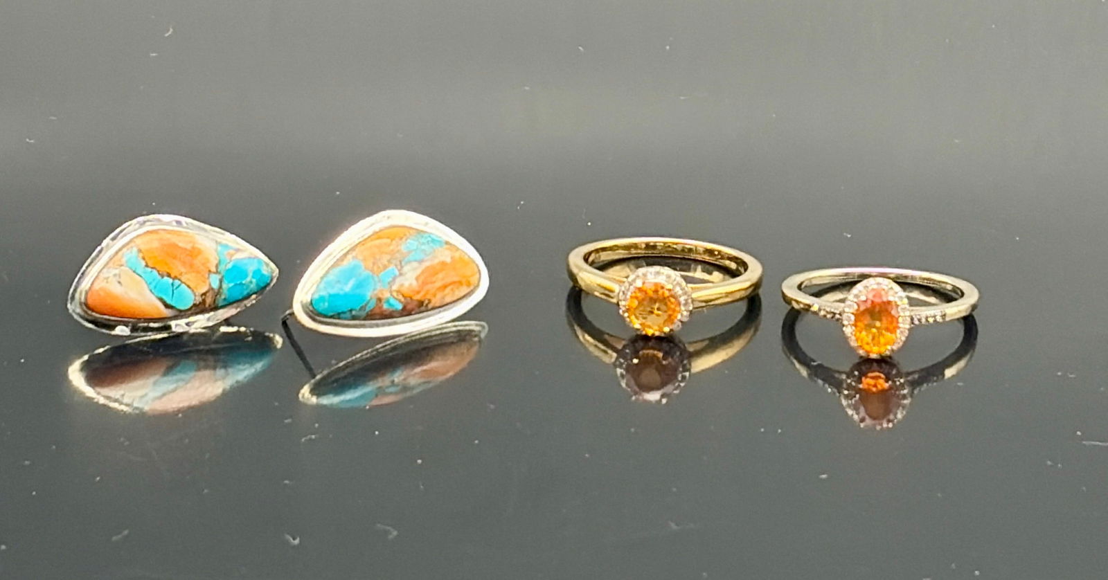 Orange Spiny Oyster & Fire Opal Ring Set: Vibrant three-piece jewelry lot featuring bold Southwestern style and fiery gemstone accents. Includes a striking pair of triangular stud earrings set with genuine spiny oyster shell in vivid orange,