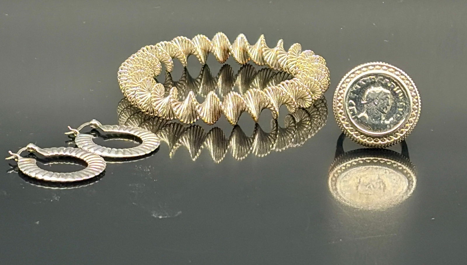 Textured Gold-Tone Bracelet, Earrings & Coin Ring (1 of 10)