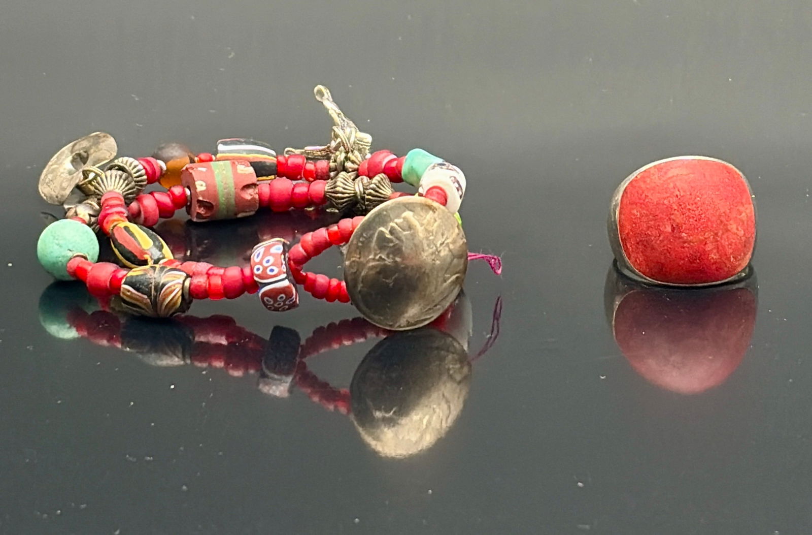 Ethnic Red Bead Bracelet & Large Coral Ring (1 of 9)
