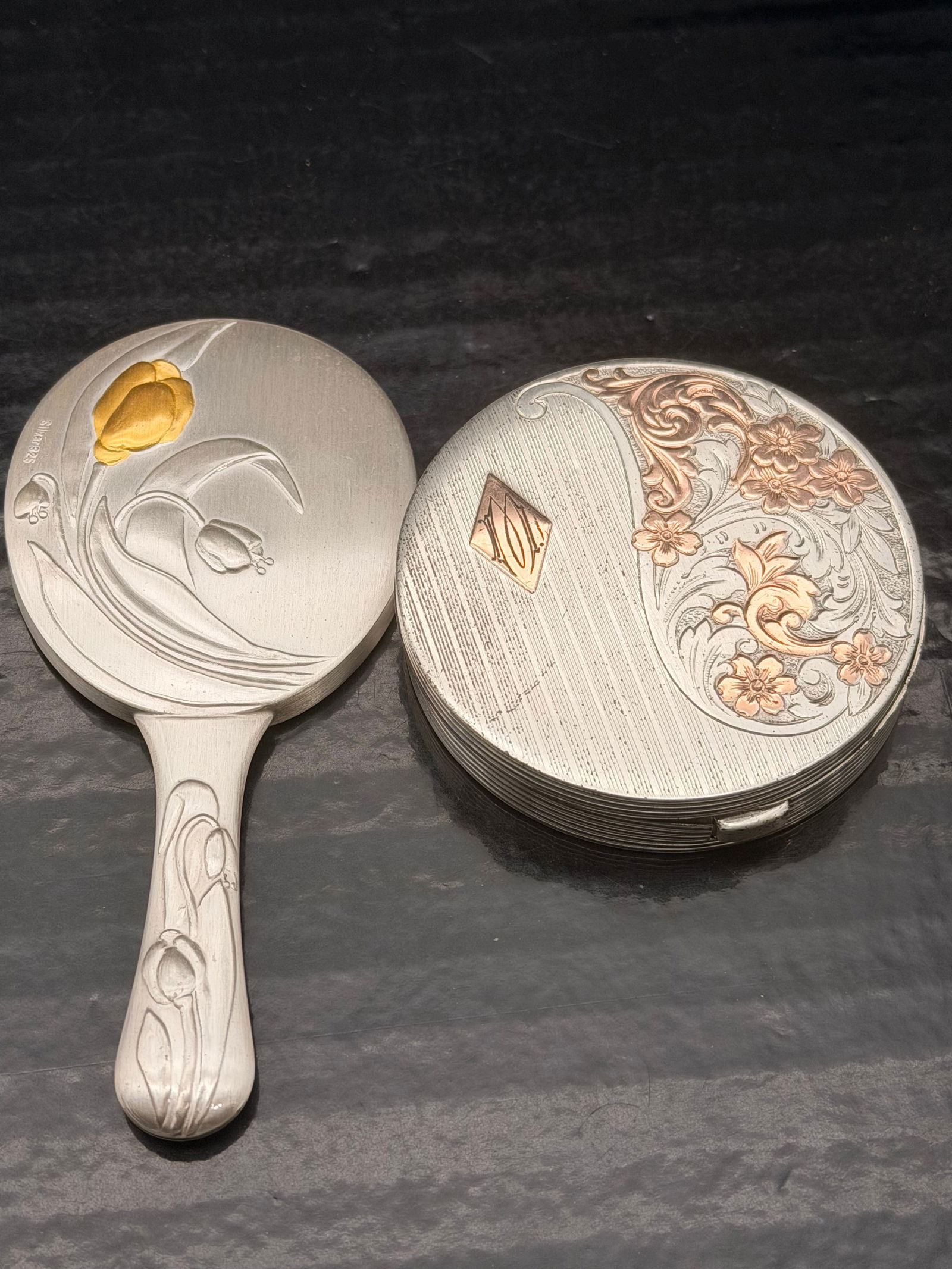 Vintage Sterling Silver Compact & 925 Silver Vanity Mirror Set – Floral Engraved – 87g Total (1 of 6)
