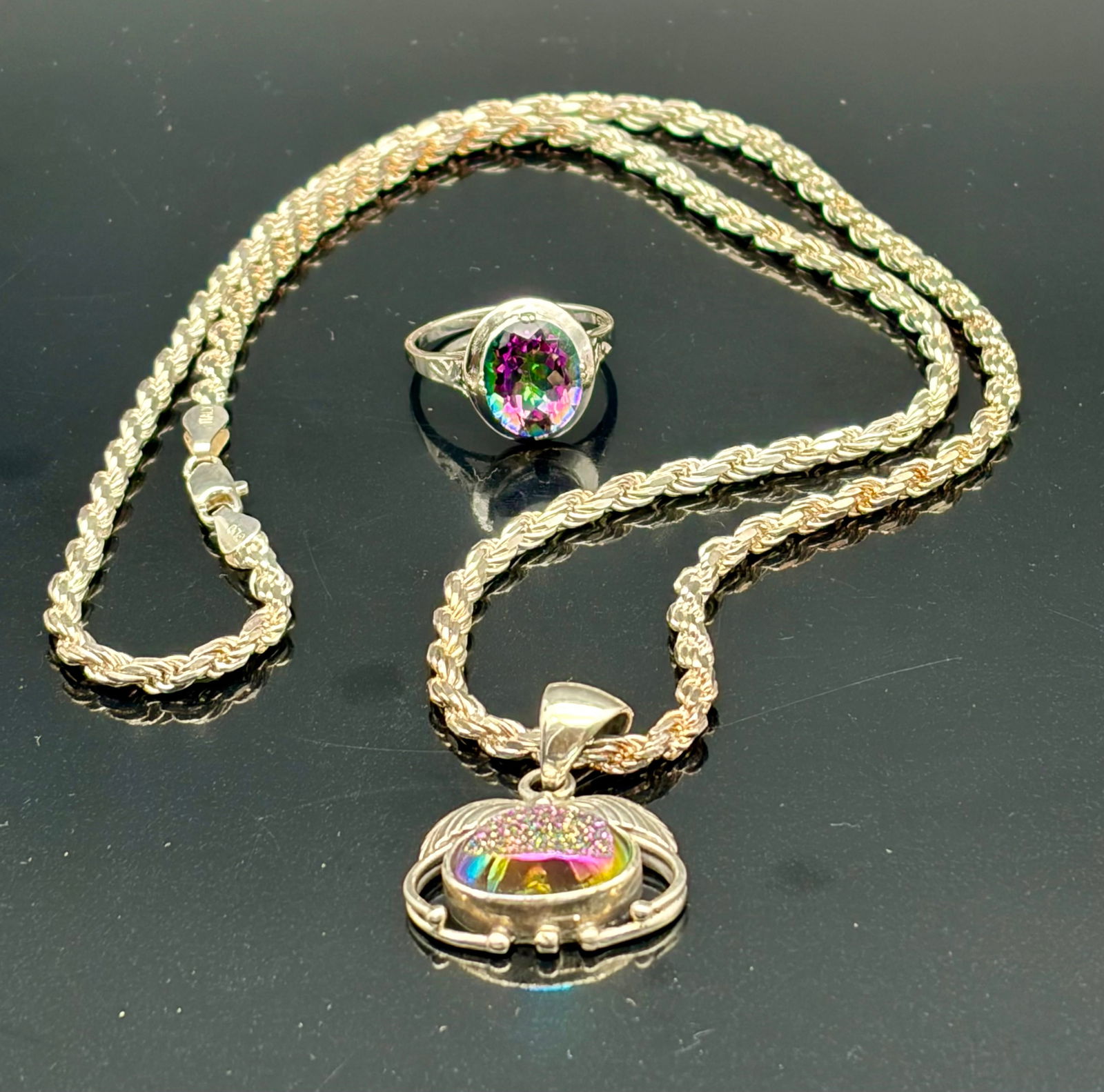 Mystic Rainbow Stone Necklace & Sterling Ring Set (1 of 11)