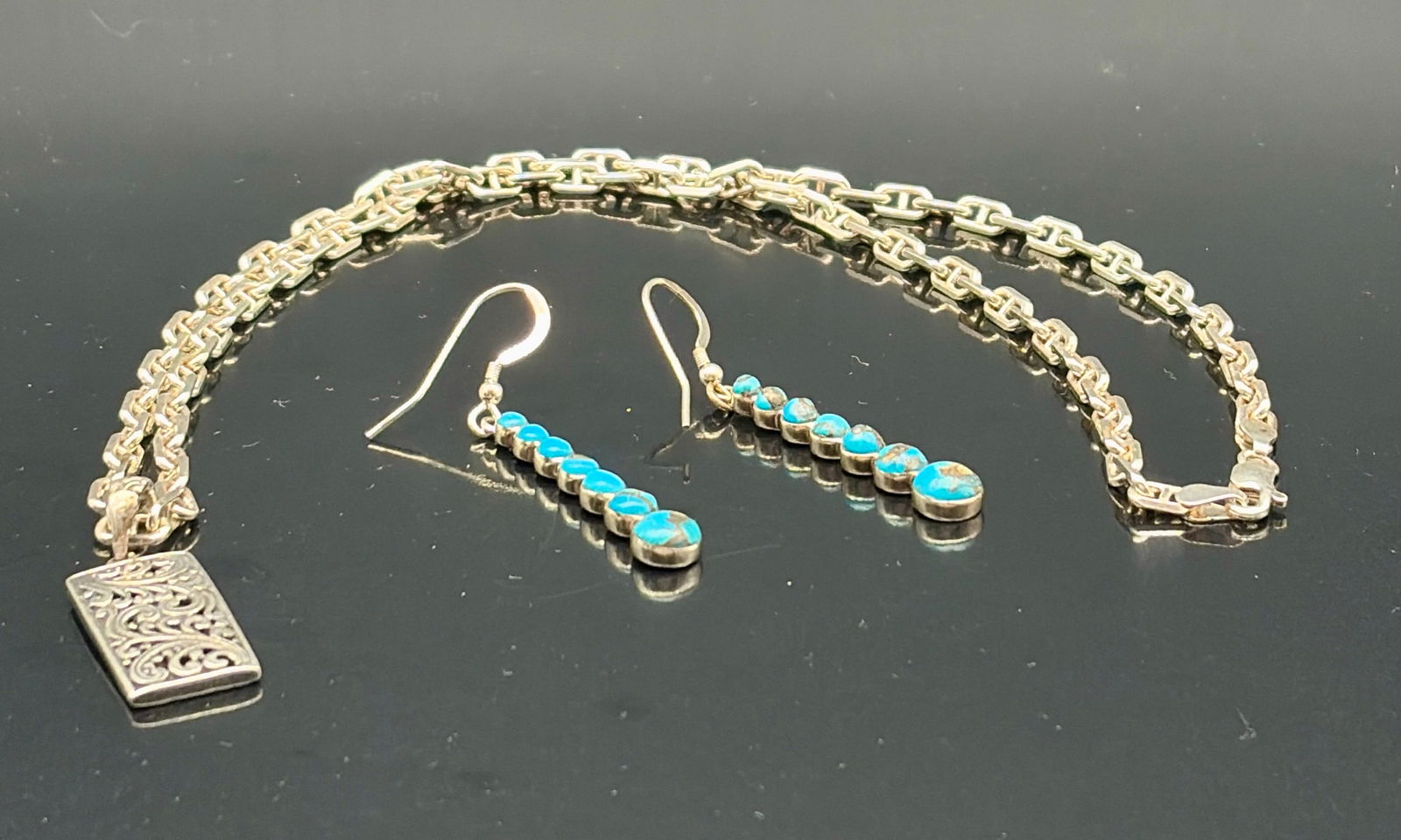 Sterling Turquoise Drop Earrings & Ornate Chain Set (1 of 12)