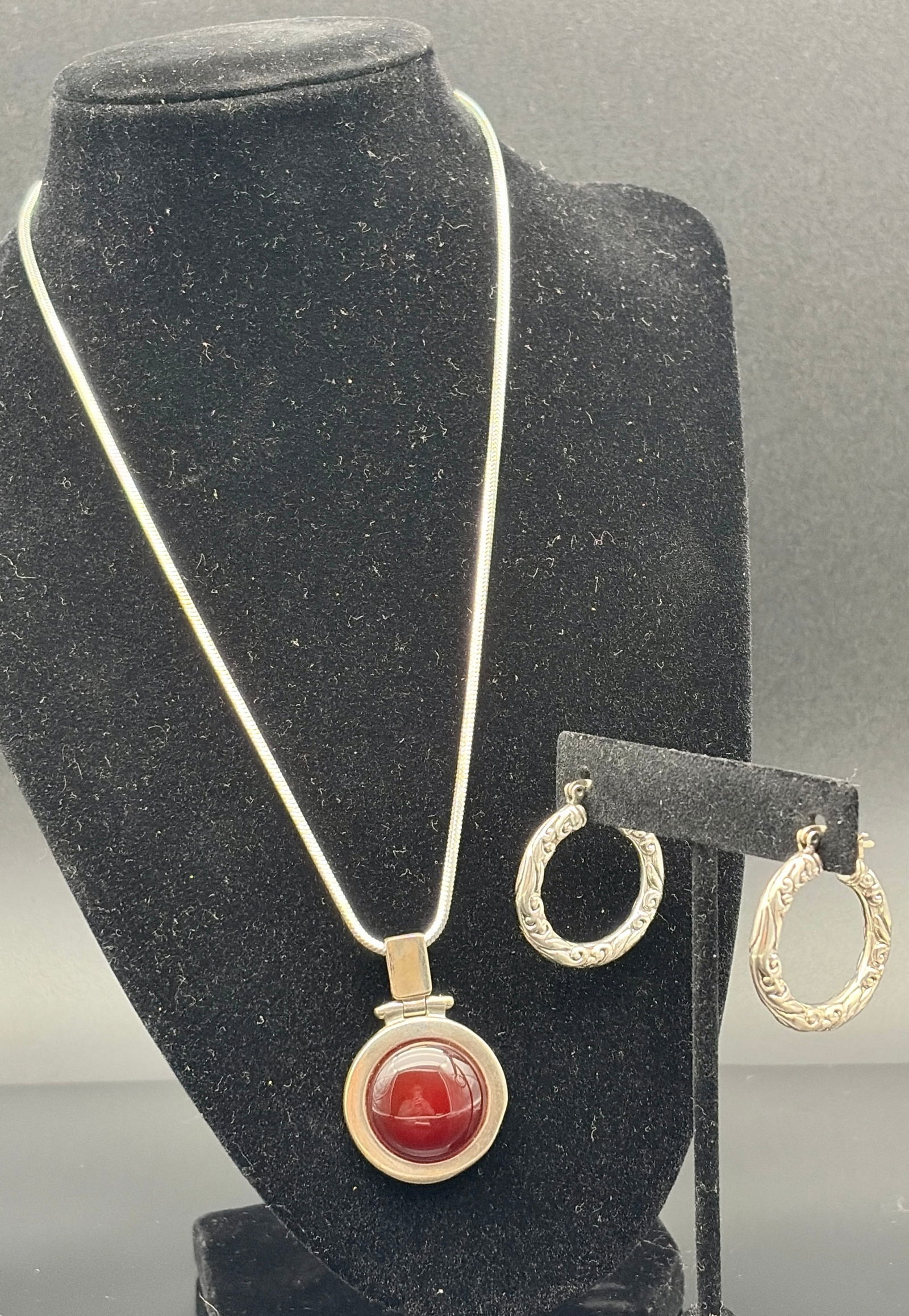 Sterling Silver Carnelian Pendant Necklace & Hoops (1 of 8)