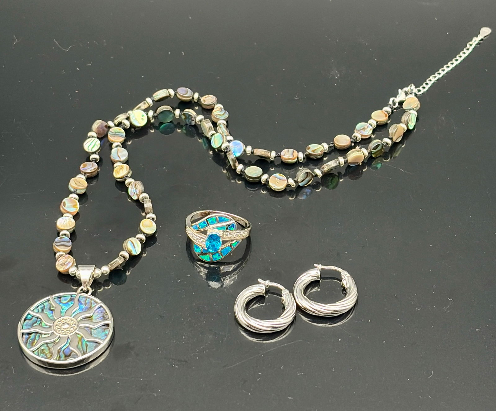 Abalone Sun Pendant Necklace, Ring & Silver Hoops (1 of 13)
