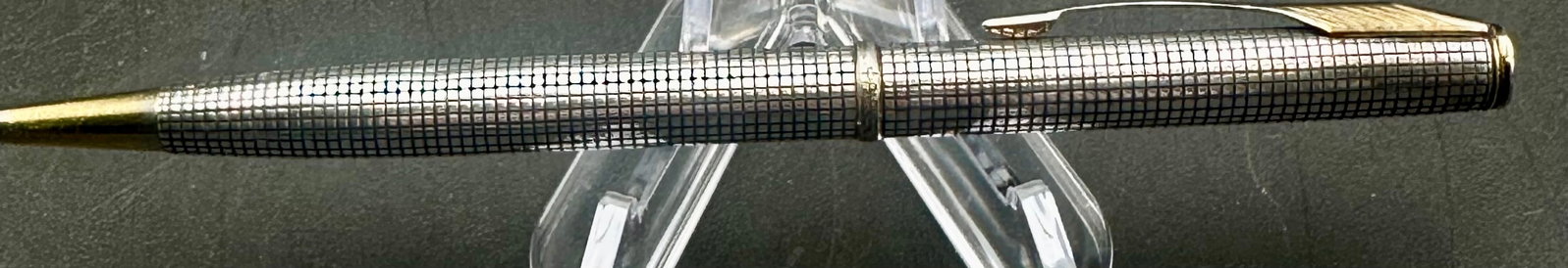 Vintage Parker Insigna Sterling Silver Ballpoint Pen – Gold Trim - Working: Vintage Parker Insigna ballpoint pen with sterling silver check pattern and gold-tone trim. Twist-action mechanism working smoothly. Light wear from age; overall very nice collectible condition.