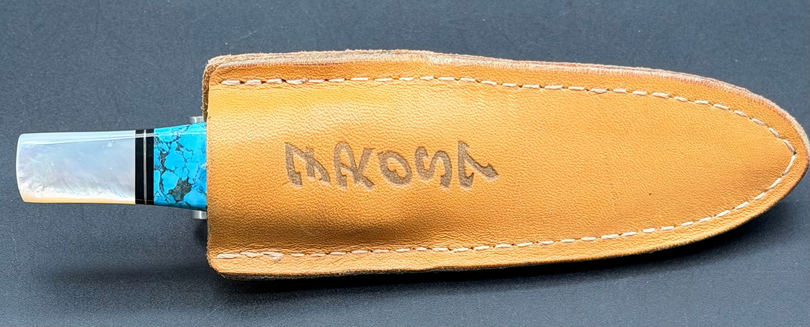 Custom Turquoise & Mother-of-Pearl Fixed Blade Knife with Leather Sheath – Tribal Engraved (1 of 6)