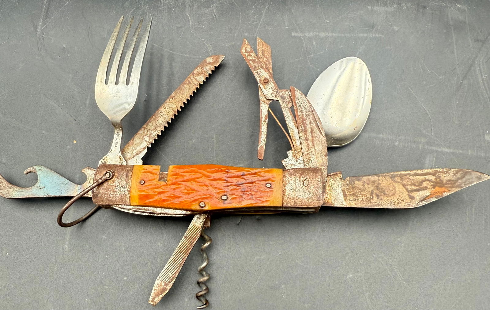 Vtg Korium Japan Folding Multi-Tool Camping Scout Knife, w/ Spoon, Fork, Scissor (1 of 11)