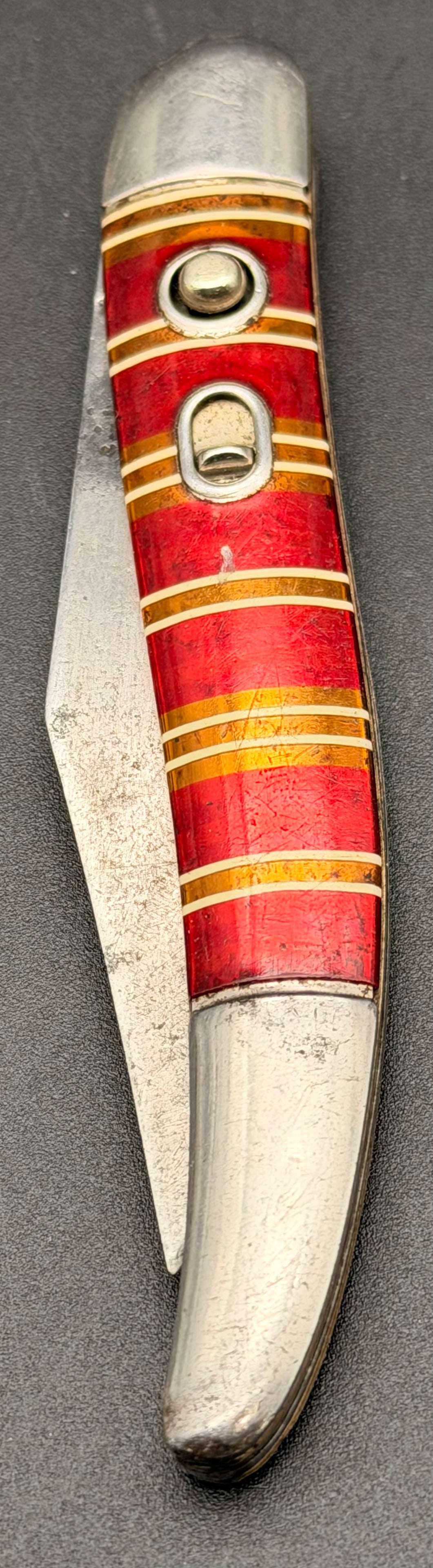 Vintage Hammer Brand Imperial Serpentine Jack Knife – Red Candystripe Celluloid – Pat. Nos. (1 of 7)