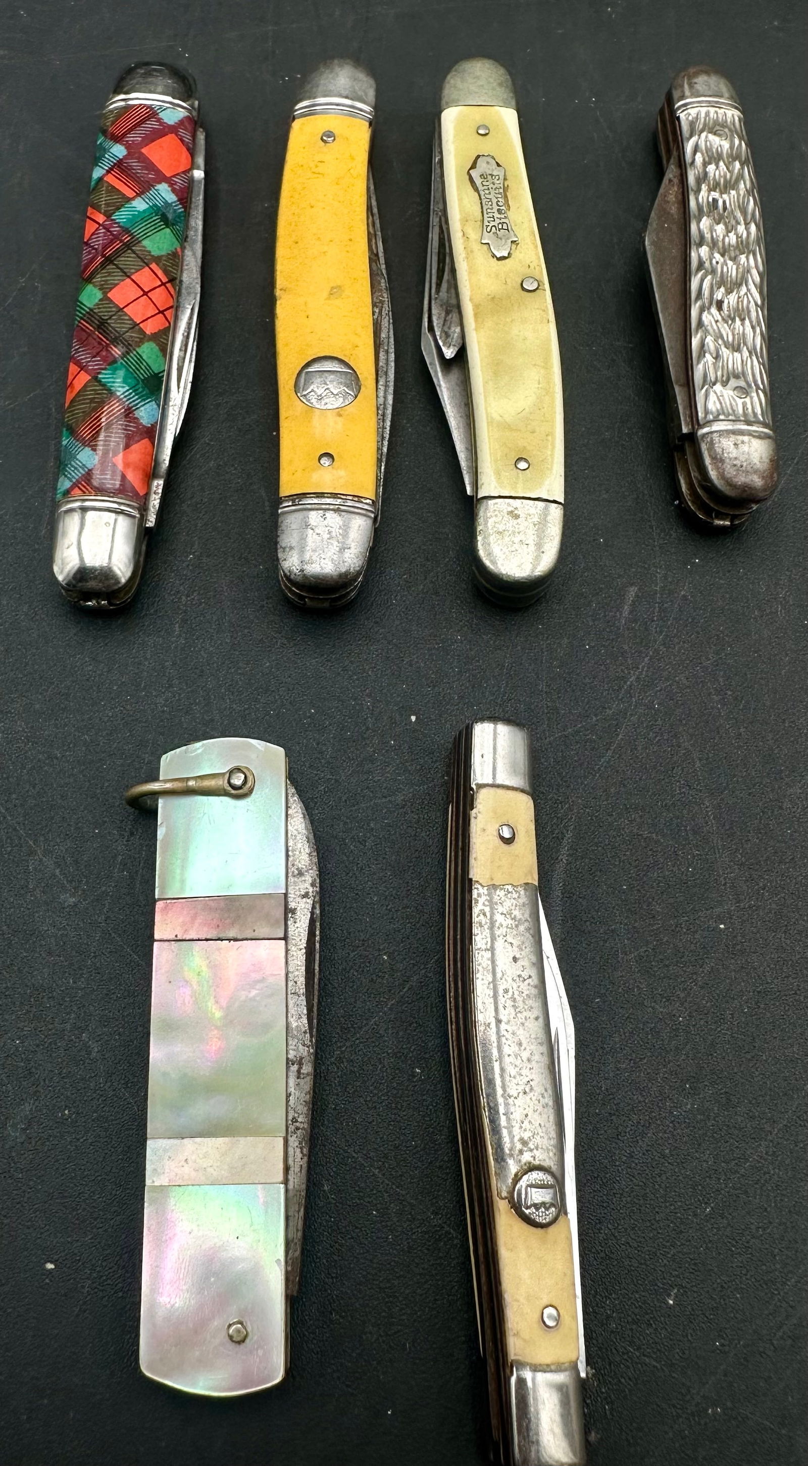 Lot of 6 Vintage Pocket Knives – Celluloid, Mother of Pearl, Bone/Imitation Ivory, Advertising – (1 of 8)