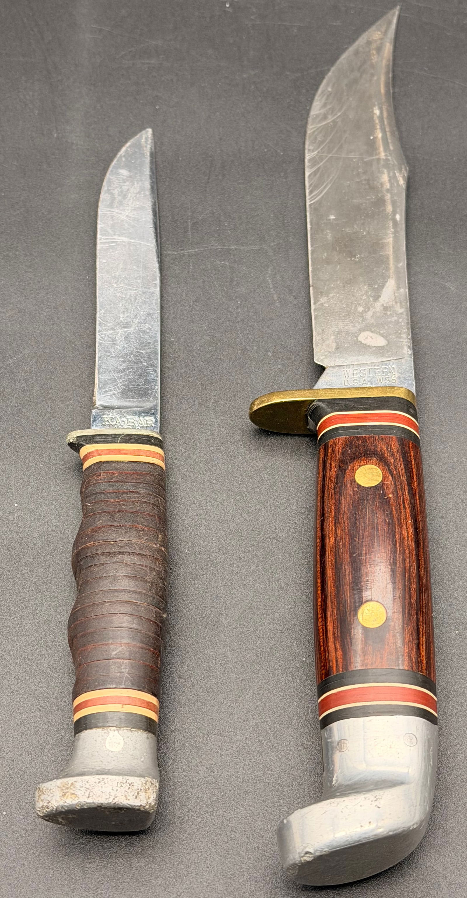 Vintage USA Knife Lot – KA-BAR Fixed Blade & Western W36 Hunting Knife – Leather & Wood Handles (1 of 8)