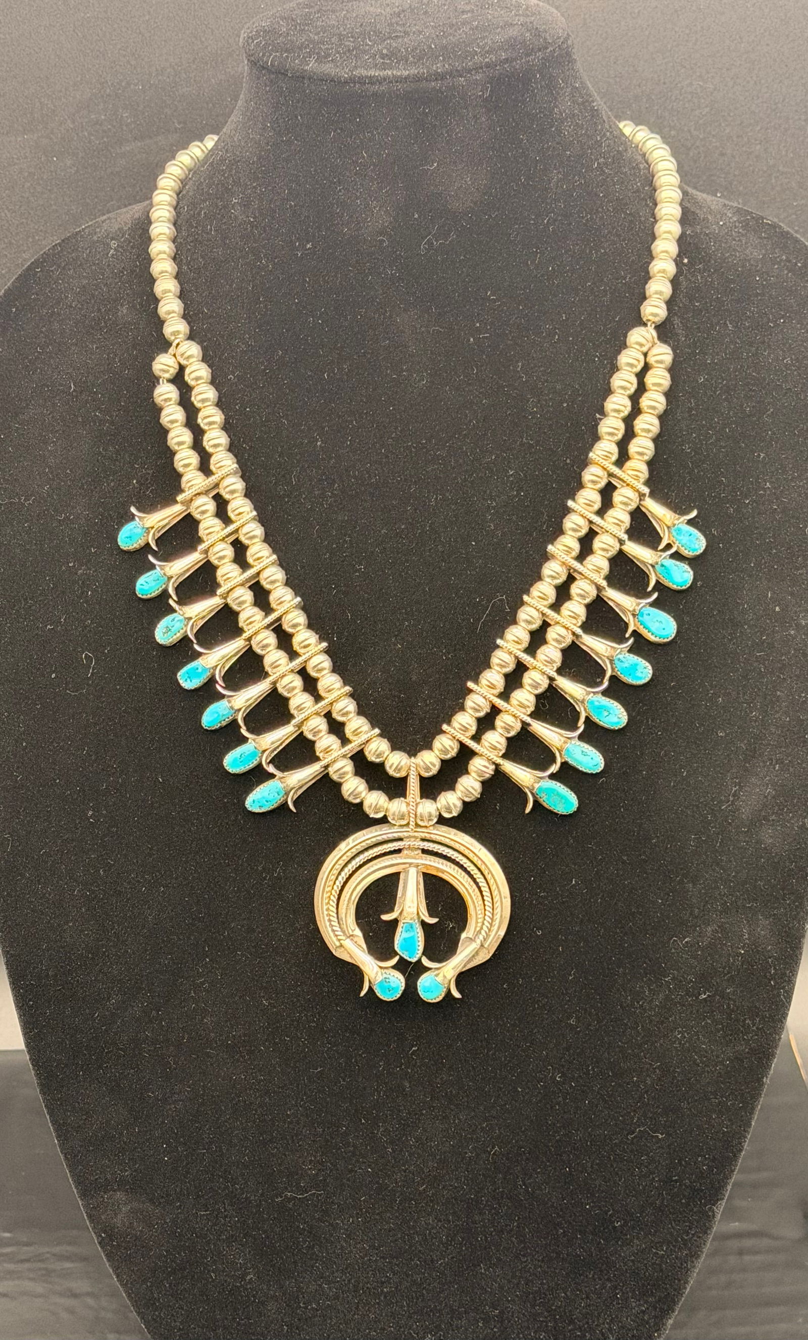 Vintage Navajo Sterling Squash Blossom Necklace Turquoise Signed “Bunky” – 96g (1 of 6)