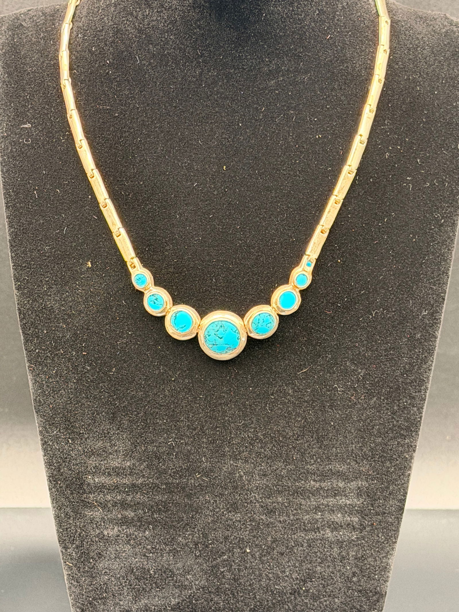 Vintage Sterling (925) Turquoise Cabochon Necklace – 31g Linked Silver Chain, Southwestern Style (1 of 6)